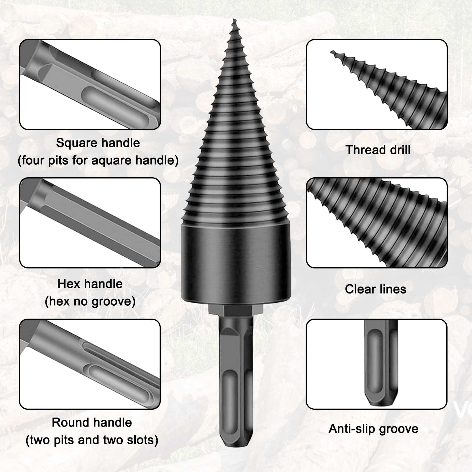 32+42 Mm Astilladora de Troncos Broca Cónica,Divisor de Leña,Madera Dividida Divisor para Taladro con 5 Mangos y un par de Guantes
