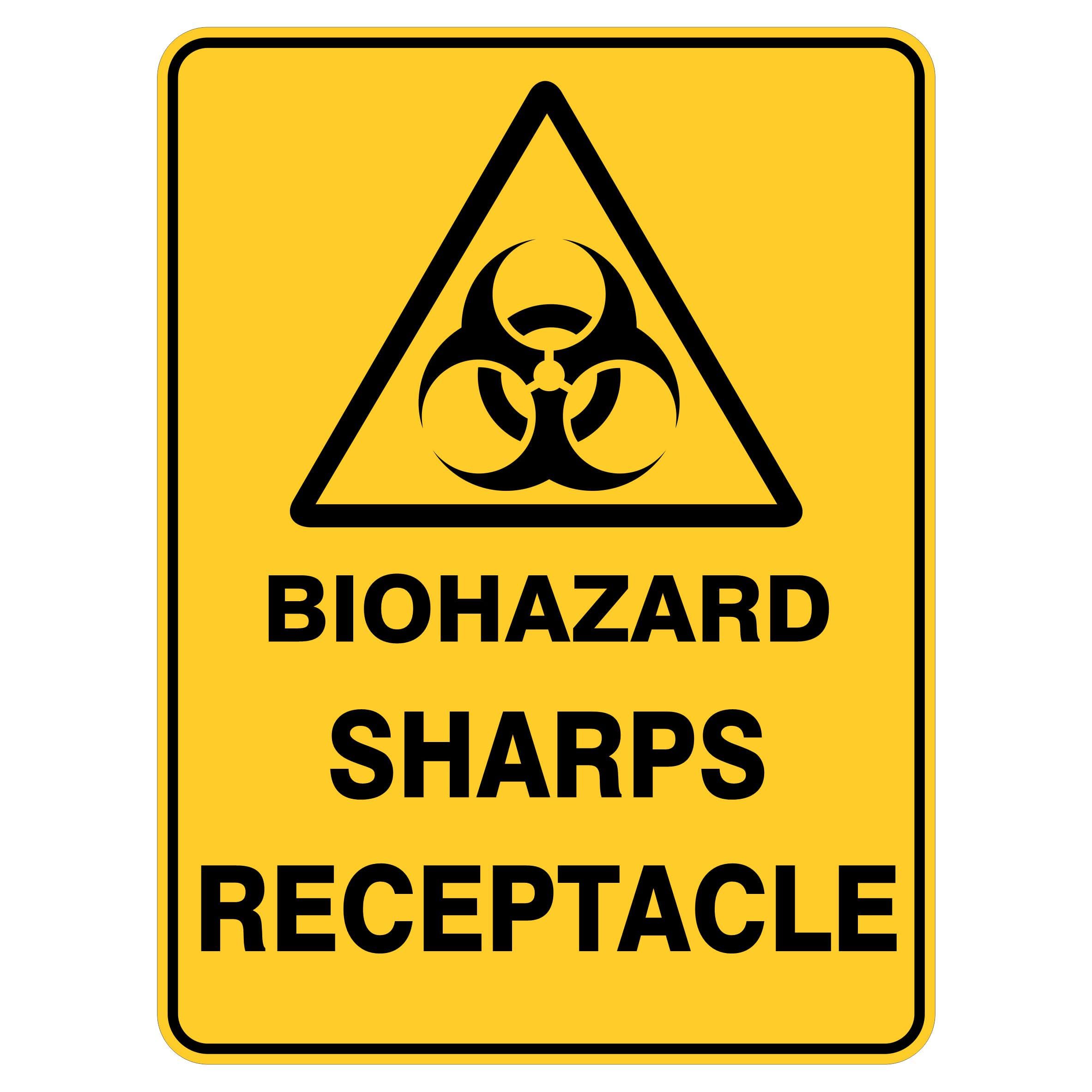 Biohazard Sharps Receptacle Warning Signs, 12x8 Metal Tin Sign, Biohazard sharp waste container.