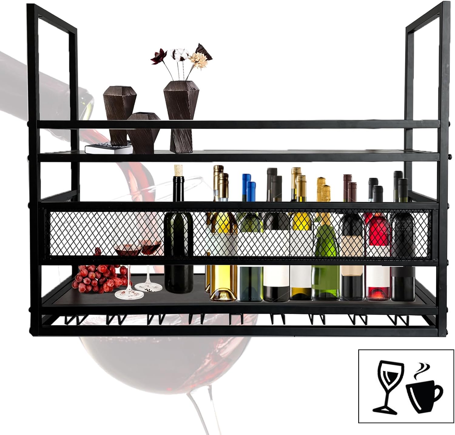 47.2in Ceiling Wine Glass Rack, 2-Tier Wooden Hanging Wine Rack, Industrial Black Metal Hanging Wine Storage Holder, with Glass Holder for Restaurant, Bar (BLACK, 47.2 * 11.8 * 35.4INCH)