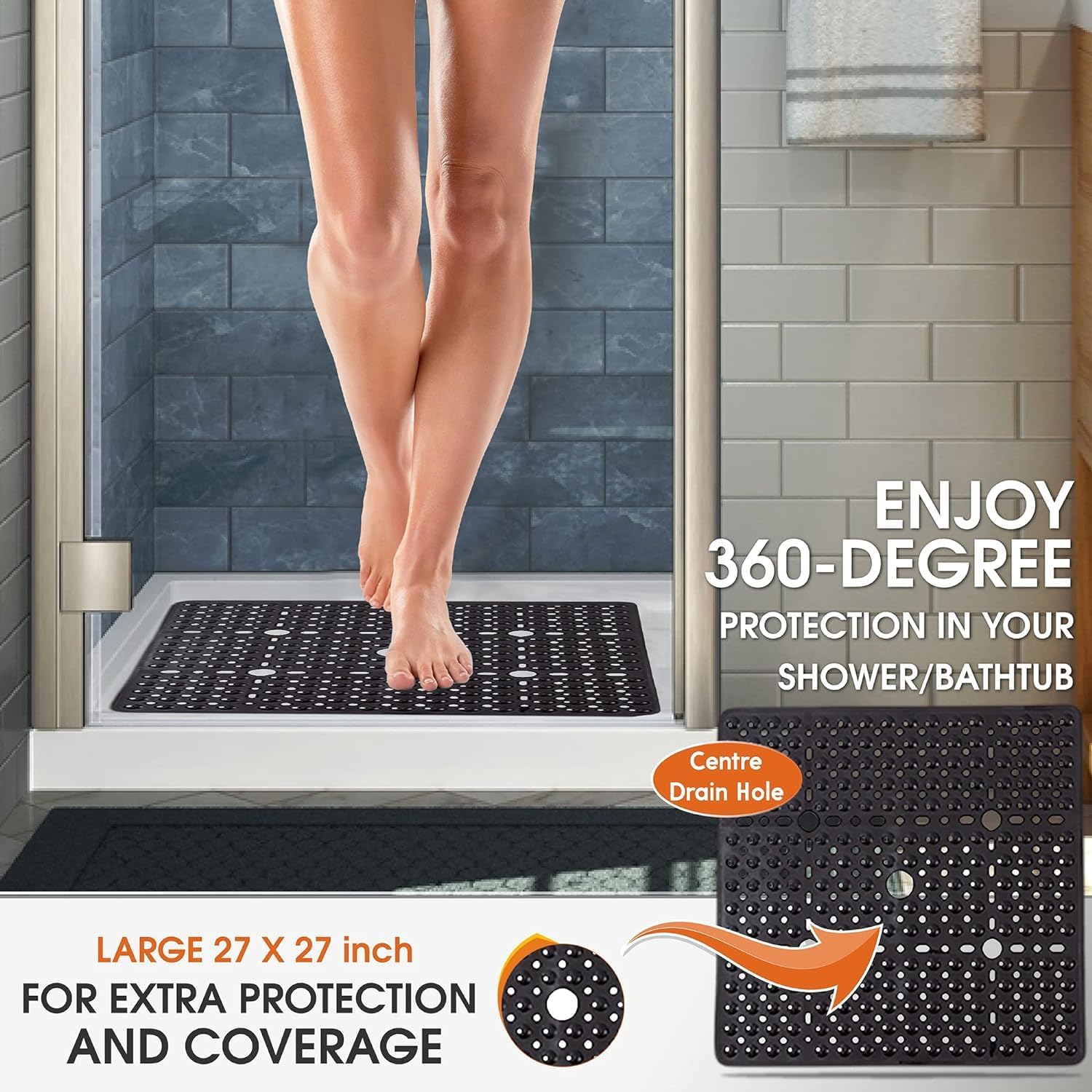 ENKOSI Large Square Shower Mat - 27x27 inch Non Slip Shower Mats - Green Shower Mats for Showers Anti Slip - Shower Non Slip Mat - Shower Mat with Drain Hole - Square Bathroom Mat (Clear Green 27x27)