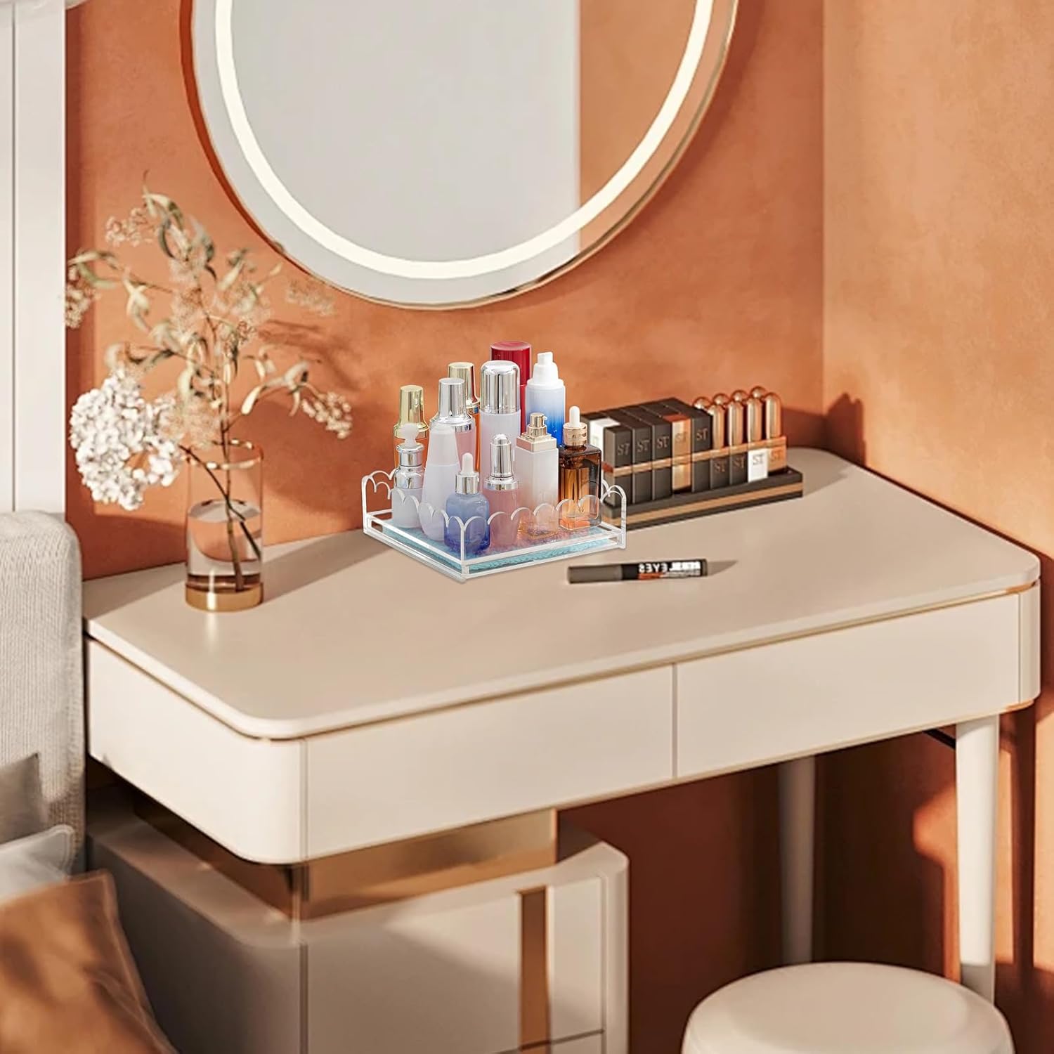 Acrylic Scalloped Tray with Drawer, 9 x 9 Inch Clear Decorative Tray Customizable for Inserting Photos, Knitted Works and Inspirational Quotes, Perfume Jewelry Organizer for Home, Office Decor