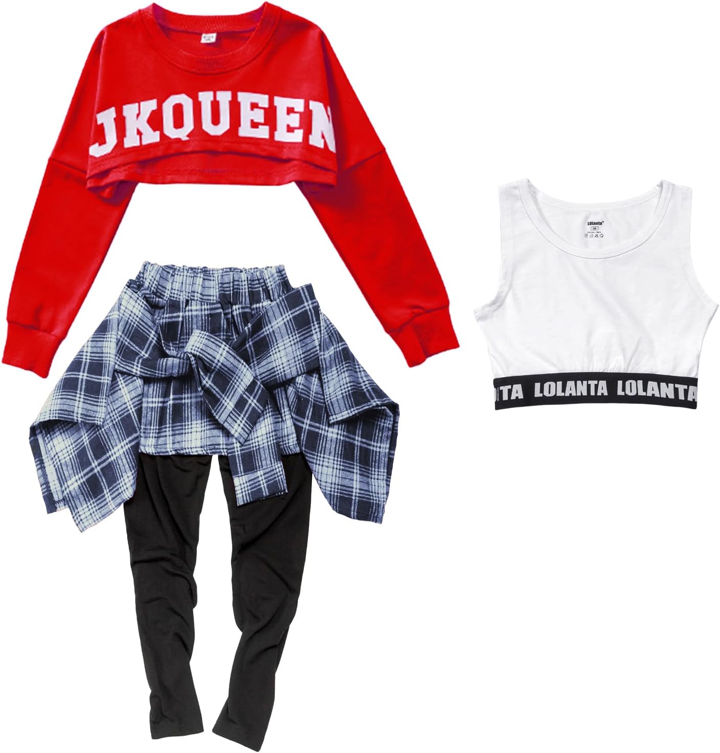LOLANTA Girls' Hip Hop Dance Costumes 3-Piece Outfit Letter Print Long Sleeve Crop Top + Culottes Pantskirts + Vest