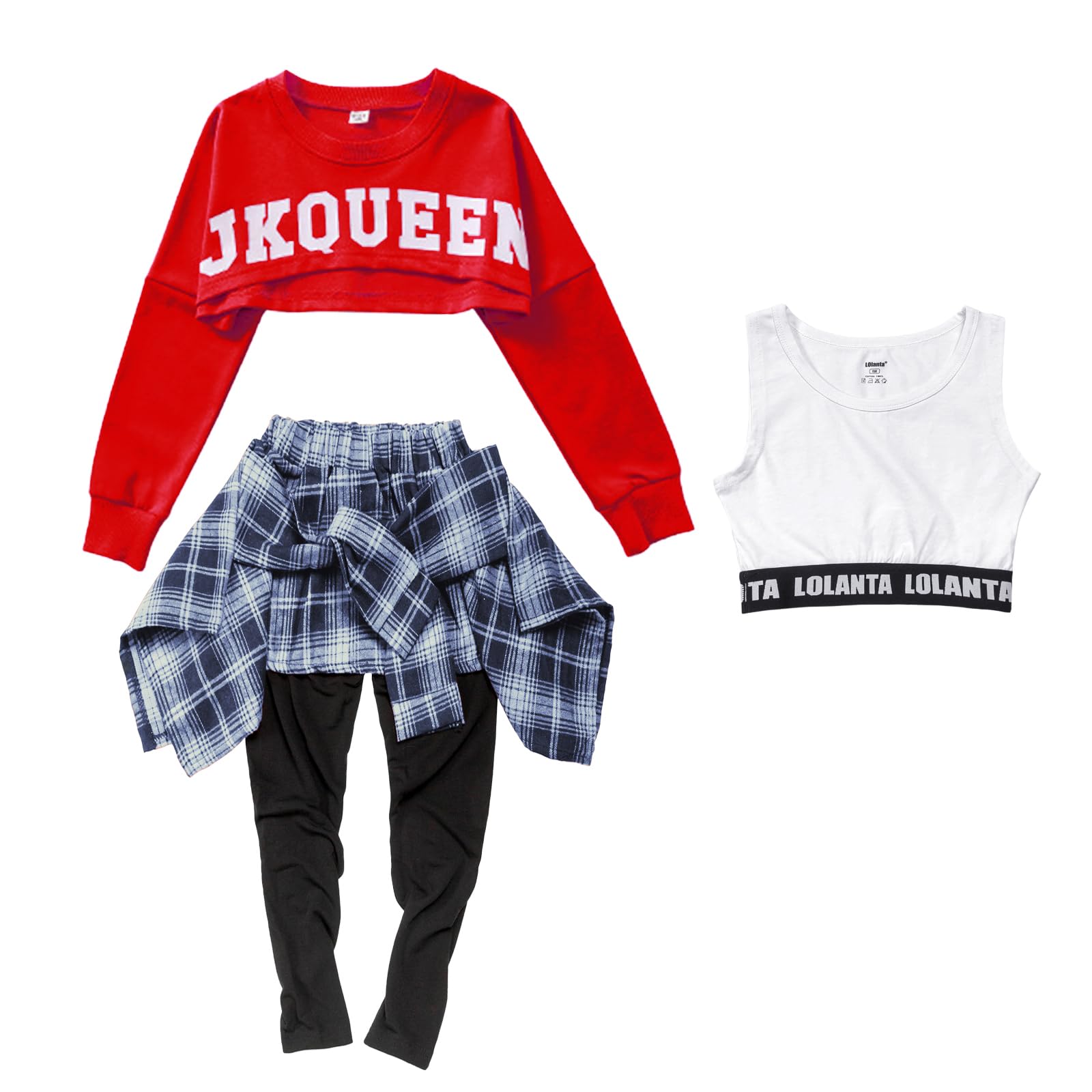 LOLANTA Costume da danza hip hop da bambina, 3 pezzi, con stampa a lettere e top corto a maniche lunghe + culottes pantaloni + gilet
