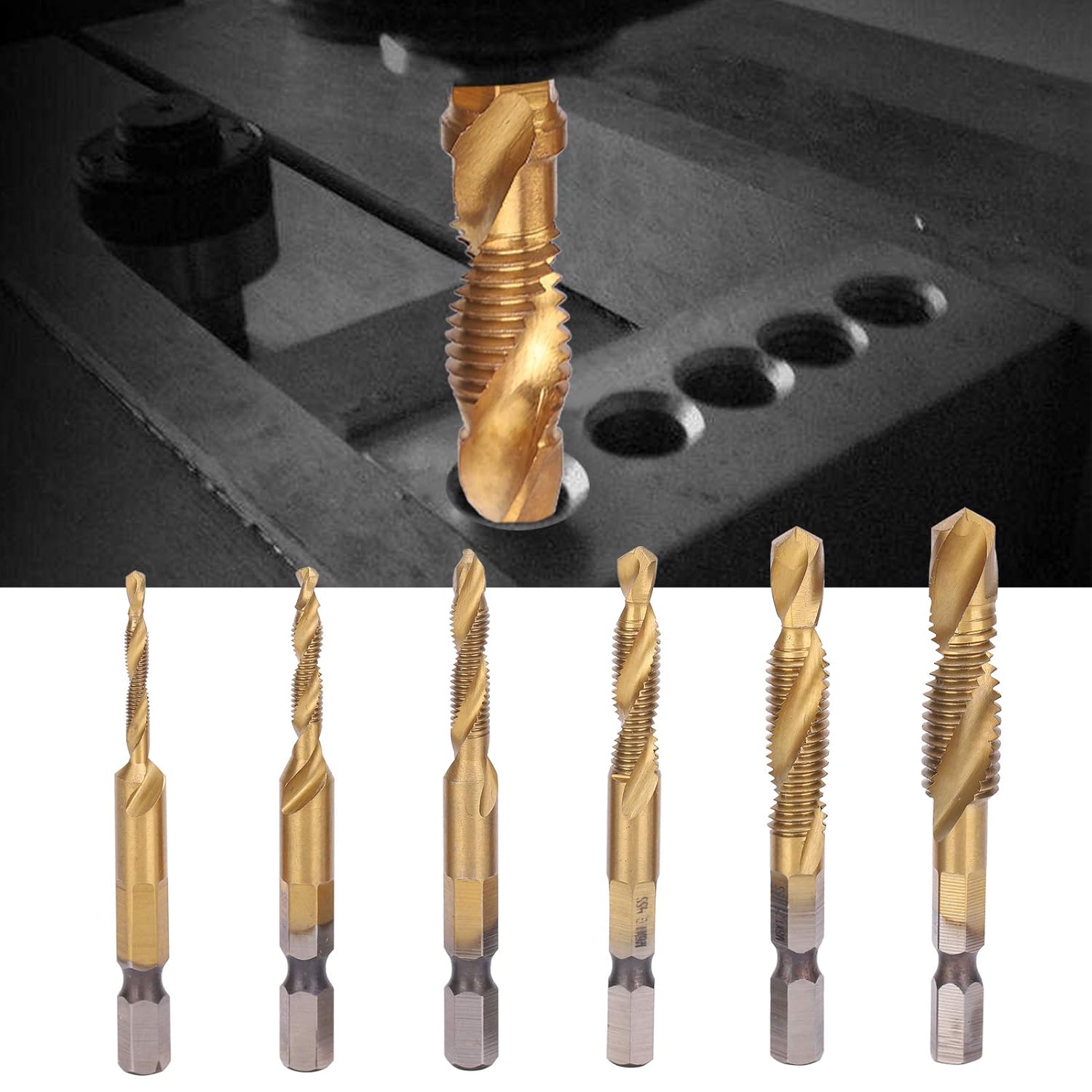 6pcs Screw Tap Drill Bits Kit, High Speed Steel M10 M8 M6 M5 M4 M3 Tapping Tools with Coating for Carbon Steel Copper Aluminum (Long 17-32in)