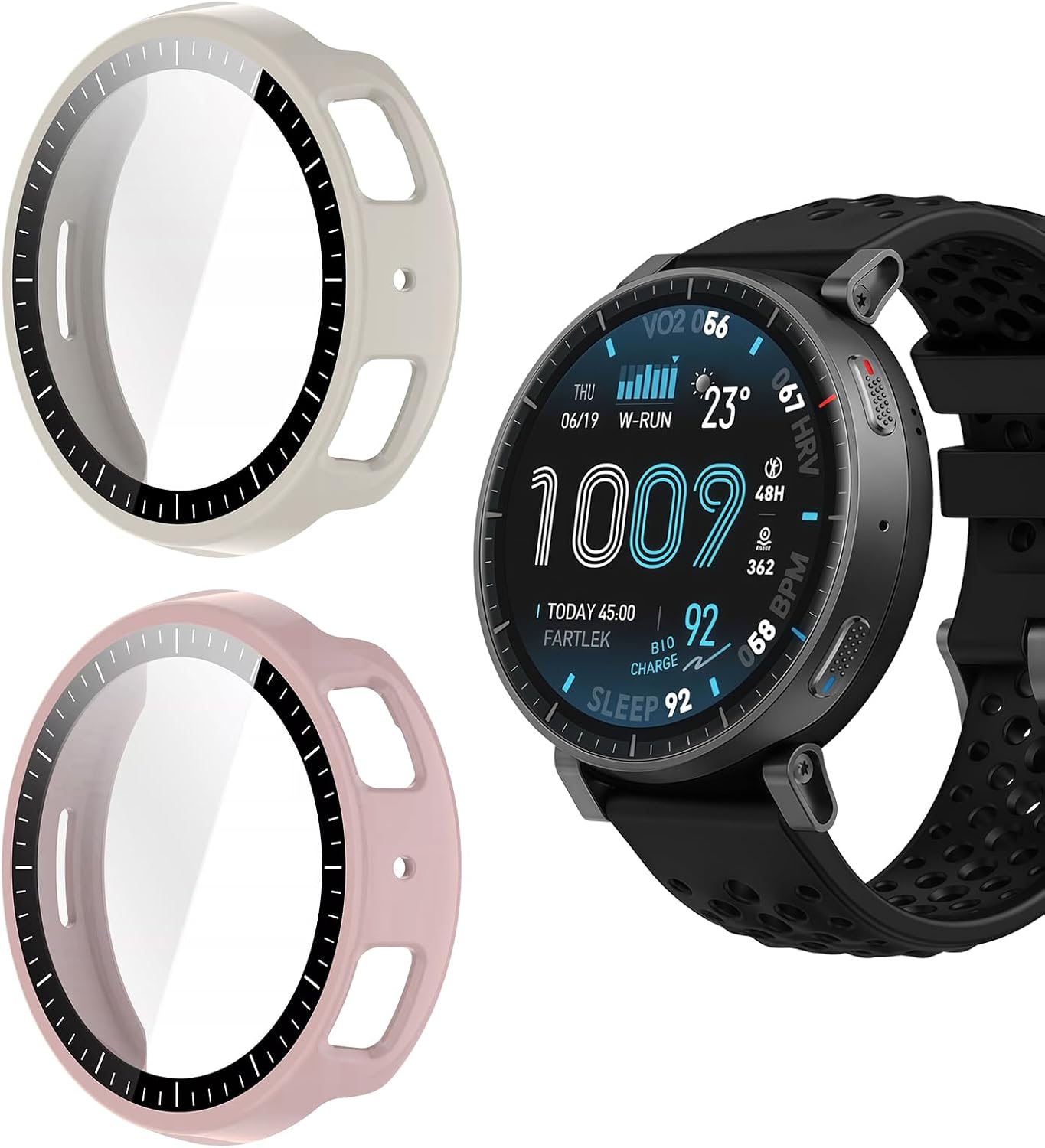 [2 Pack] Riwoauoo Smartwatch Screen Protector Cases for Amazfit Active Max, Hard PC Bumper Case with Full Coverage HD Anti-Scratch Tempered Glass Face Cover and Scale Bezel for Women Men-Black+Clear