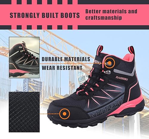 Miniatura 8 de JIASHIBO Botas de trabajo con punta de acero para mujer, calzado protector multifuncional, antideslizante, resistente a pinchazos, absorción de