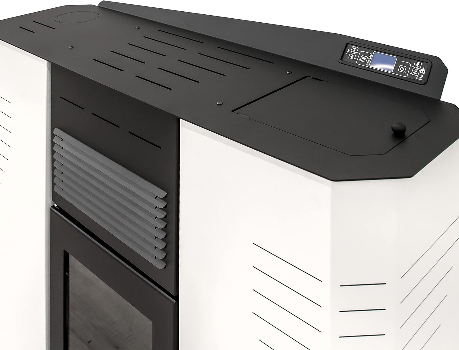 Close-up of the top control panel of the STUFE A PELLET ITALIA Marmolada 14 kW pellet stove, featuring an LCD display and buttons.