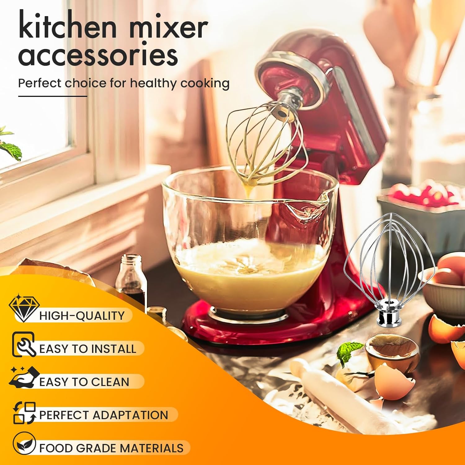 Kitchen Mixers Accessories for KitchenAid Stand Mixers, Stainless Steel Kitchen Mixer Attachment Includes K45WW Wire Whip, K45DH Dough Hook and K45B Flat Beater