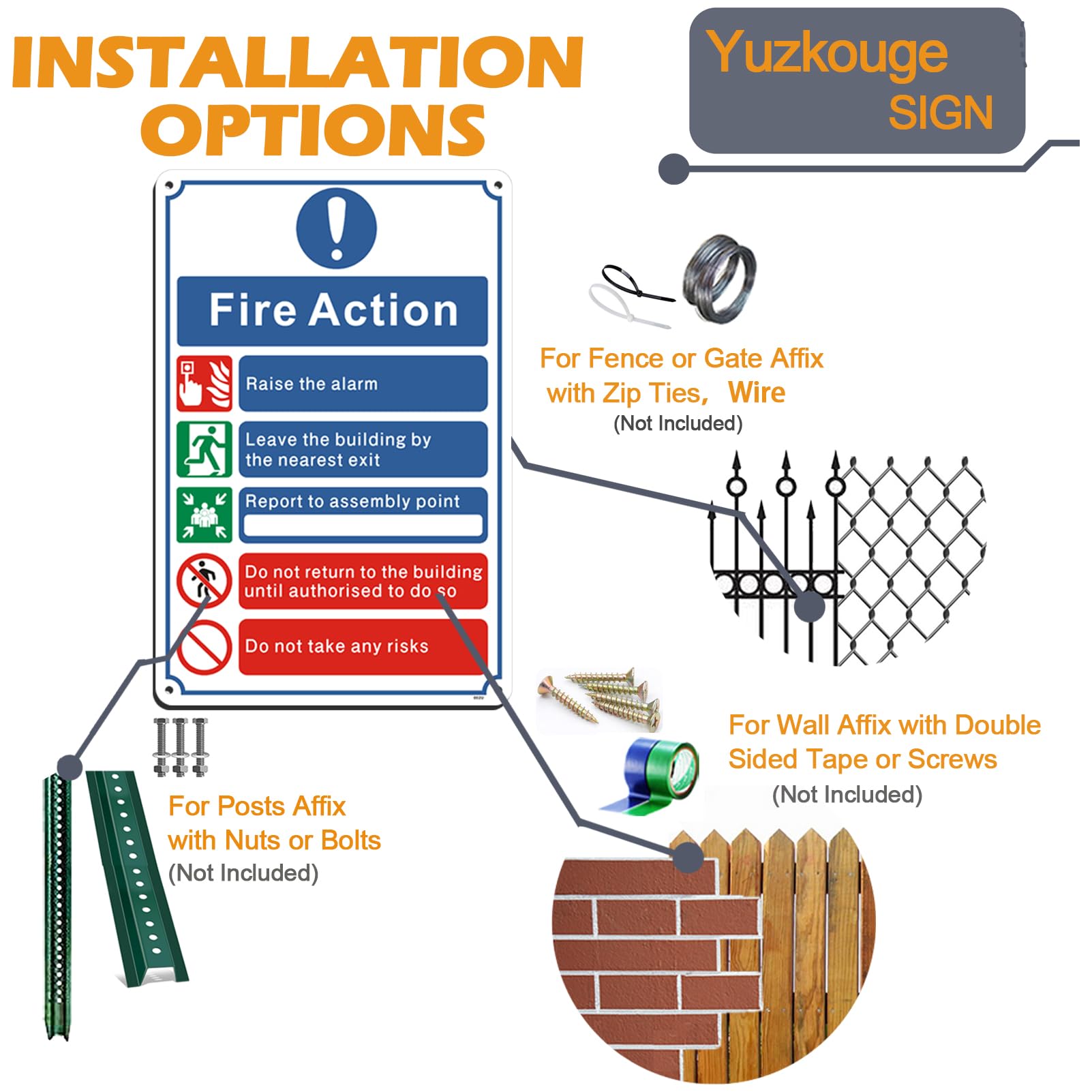 Yuzkouge Fire Action Notice Sign - 3 Pack, 20 x 30 cm Rust Free Aluminum Fire Safety Sign, Weatherproof, Fade Resistant, Easy Mounting - Image 3