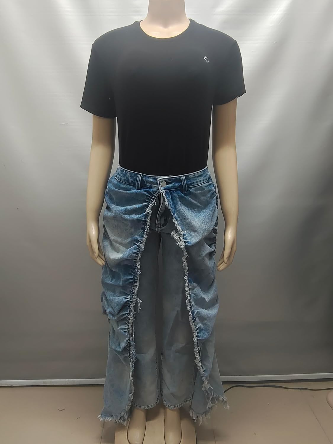 Women's Fashionable Jeans, Y2k High-Waisted Straight-Leg Jeans, Blue Denim, Frayed Edge Design, Pleated Style