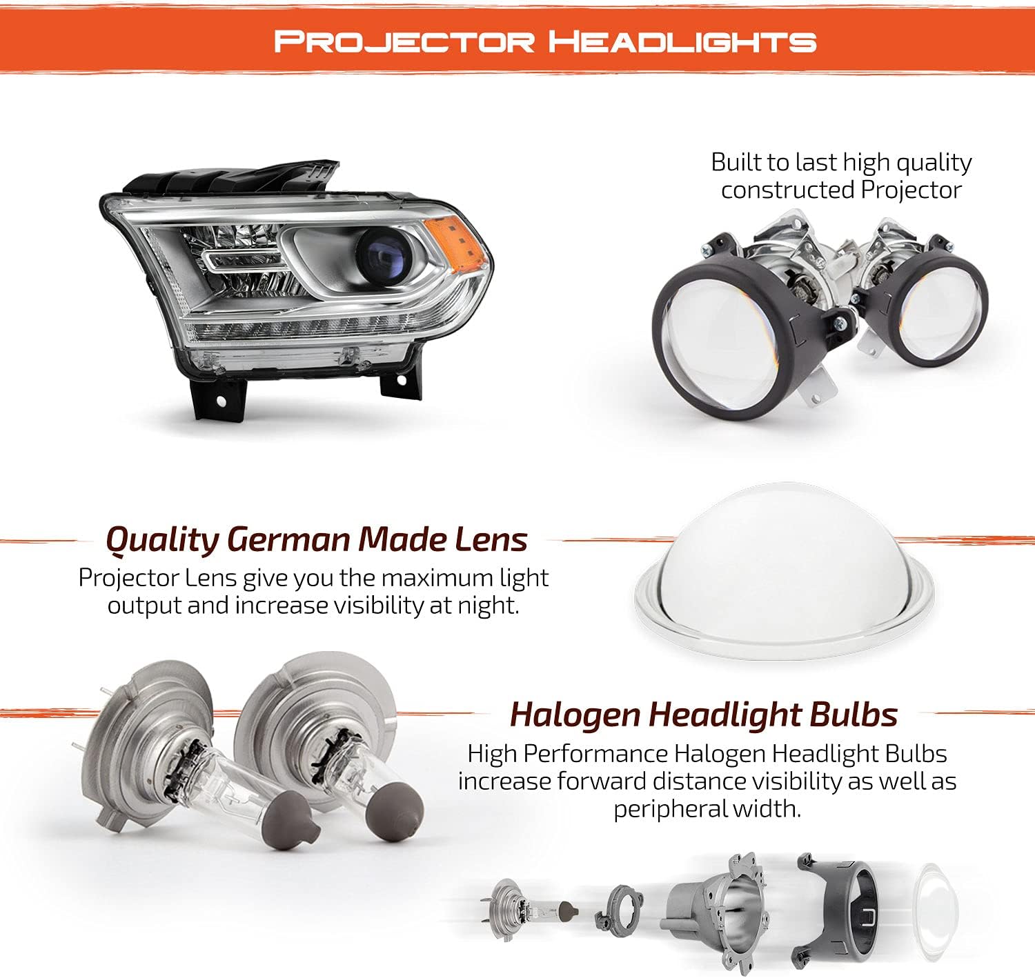 AKKON - Fits 2016-2020 Dodge Durango [Halogen Type] Chrome Bezel Projector Headlight w/LED DRL Running Driver Left Replacement