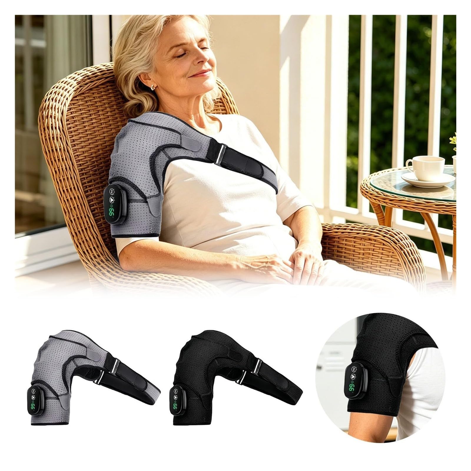 Cuscino riscaldante for spalle senza fili | 3 livelli di riscaldamento e 3 modalità di vibrazione, cinghie regolabili(Black)