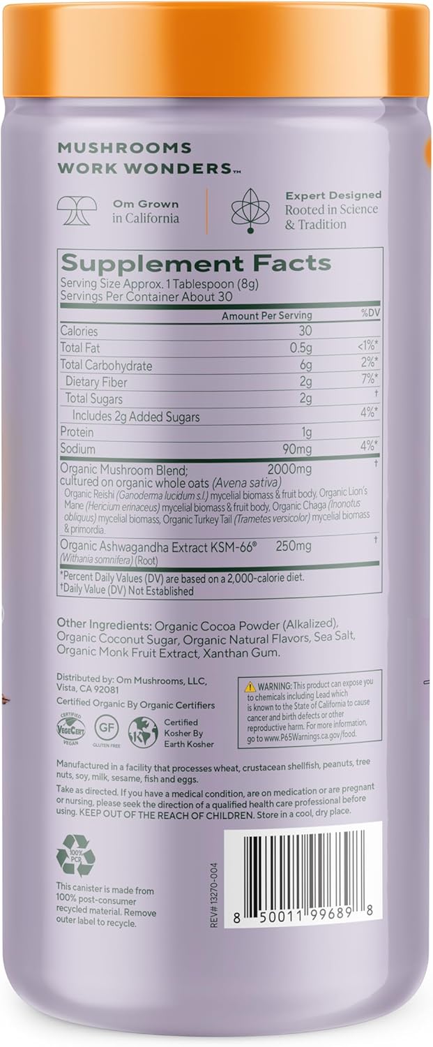 OM MUSHROOM SUPERFOOD Hot Chocolate Blend – Dutch Cocoa with Lion’s Mane, Reishi, Chaga & Turkey Tail – Supports Focus, Calm & Stress Relief – 2g Sugar, 25 Calories – 8.47 oz Canister (30 Servings)