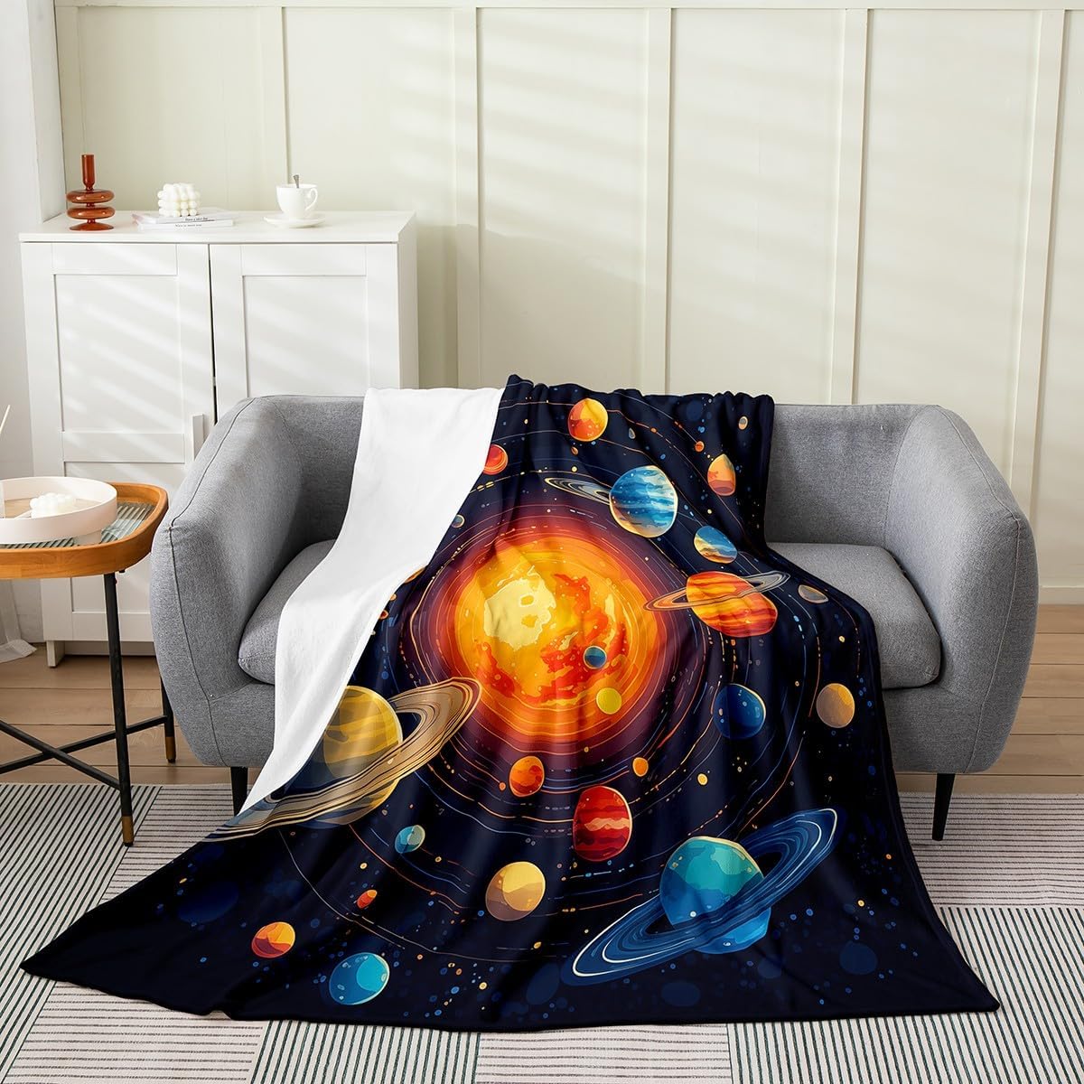 Feelyou Black Solar System Flannel Fleece Throw Blanket for Sofa Couch Girls Boys Twin 60"x80" Outer Space All Season Bed Blanket Room Decorative Universe Planets Fuzzy Blanket Galaxy Plush Blanket