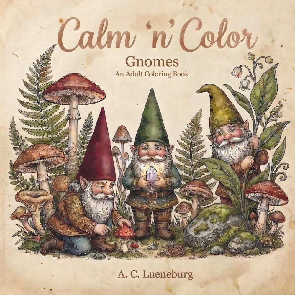 Calm 'n' Color Gnomes: A coloring book for adults & teens with 30 intricate designs about gnomes, mythical gardens, jewel caves, mountains & more | ... etc. (Calm 'n' Color Adult Coloring Books)