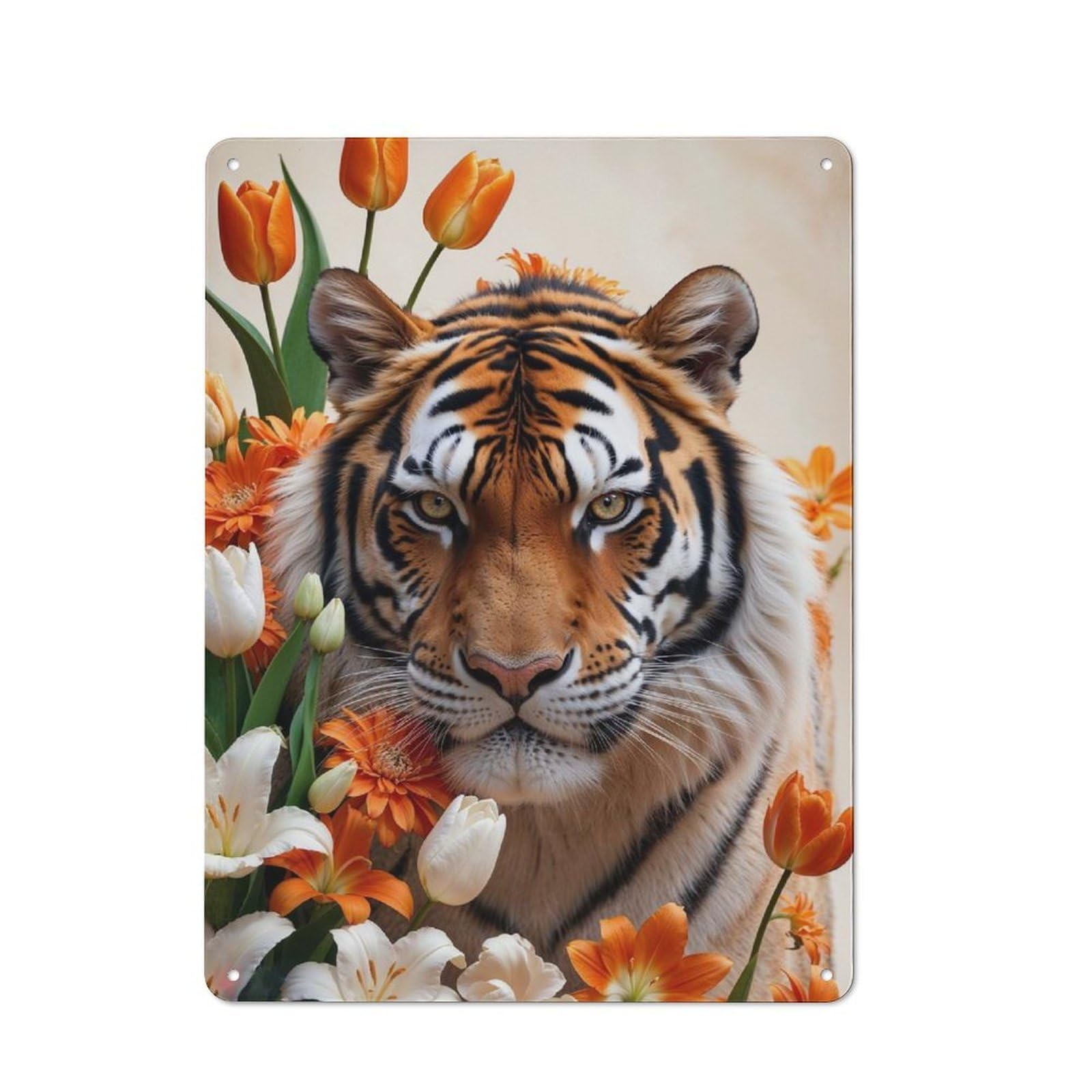 Junmoney Style Tiger With Flowers Rustic Metal Plaque 40X30cm For Café Or Restaurant, Wall Decor For People Reorganising Café And Restaurant