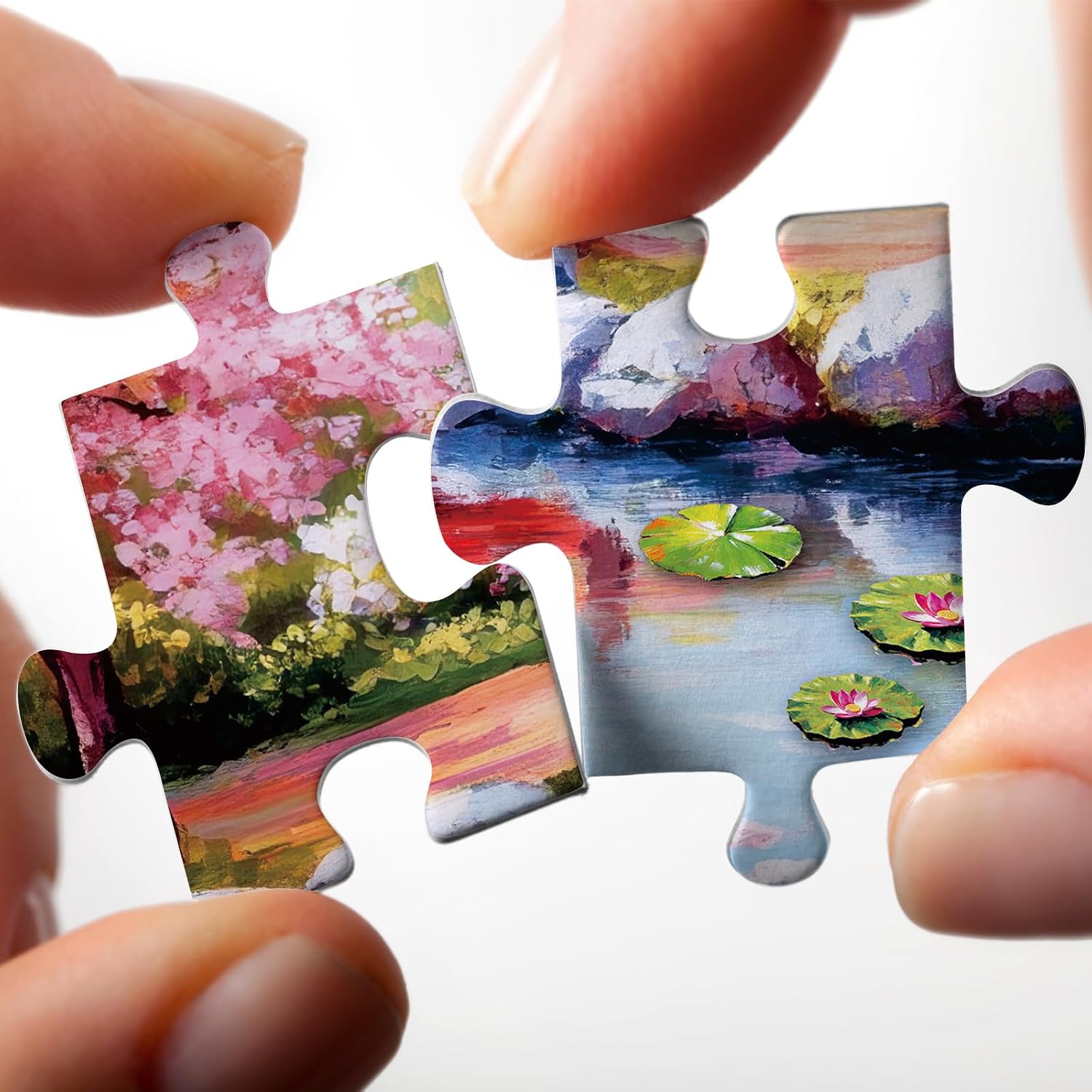 Garden Landscape Painting Jigsaw Puzzle 1000 Piece for Adult, Colorful Art Flower Cherry Blossom Plant Jigsaw Puzzles, Pretty Aesthetic Lotus Puzzle image 4