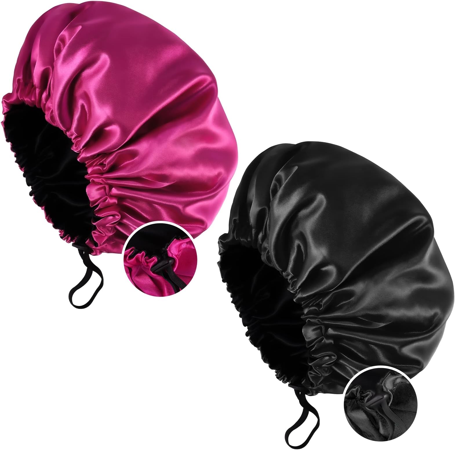 Fuyamp 2 Packs Satin Sleep Cap Shower Cap,Adjustable Silky Sleep Bonnet Bath Cap for Women Long Curly Hair, Double-Sided Waterproof Satin Hair Cap for Women Bathing Sleeping
