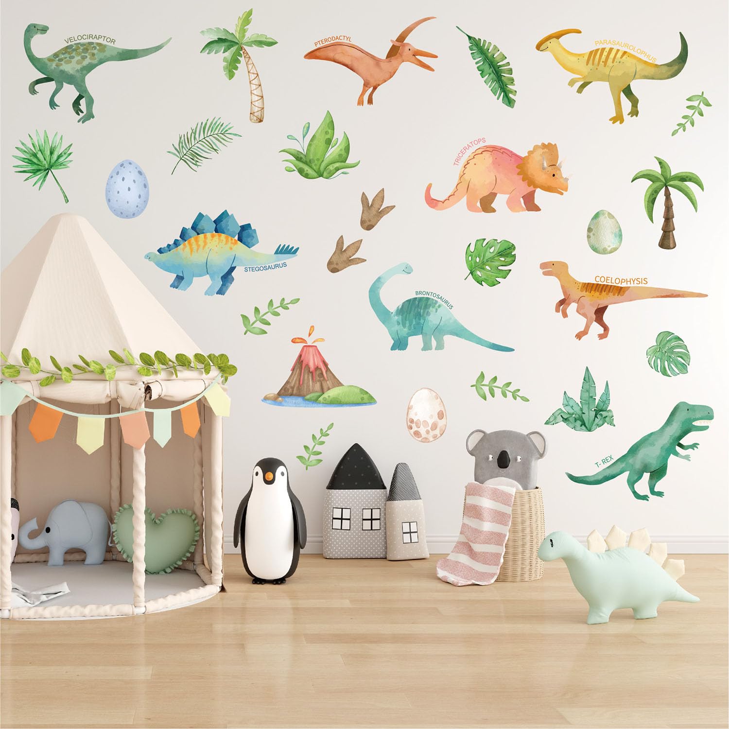 MagiMural Watercolor Dinosaur Wall Stickers, Leaf Coconut Volcano Peel and Stick Wall Decals - Image 3