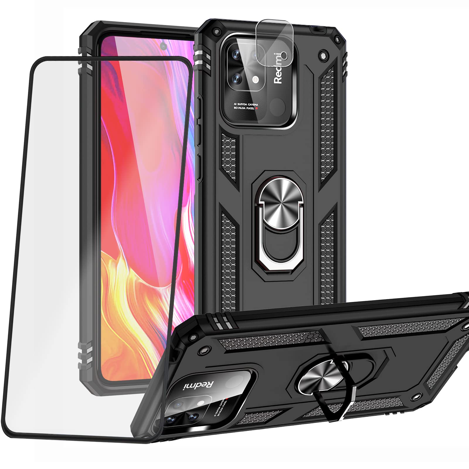 BestAlice for Redmi 10C / Xiaomi Poco C40 Case + Tempered Glass Screen Protector + Camera Len Protector, Hybrid Heavy Duty Protection Shockproof Defender Kickstand Armor Case Cover，Black