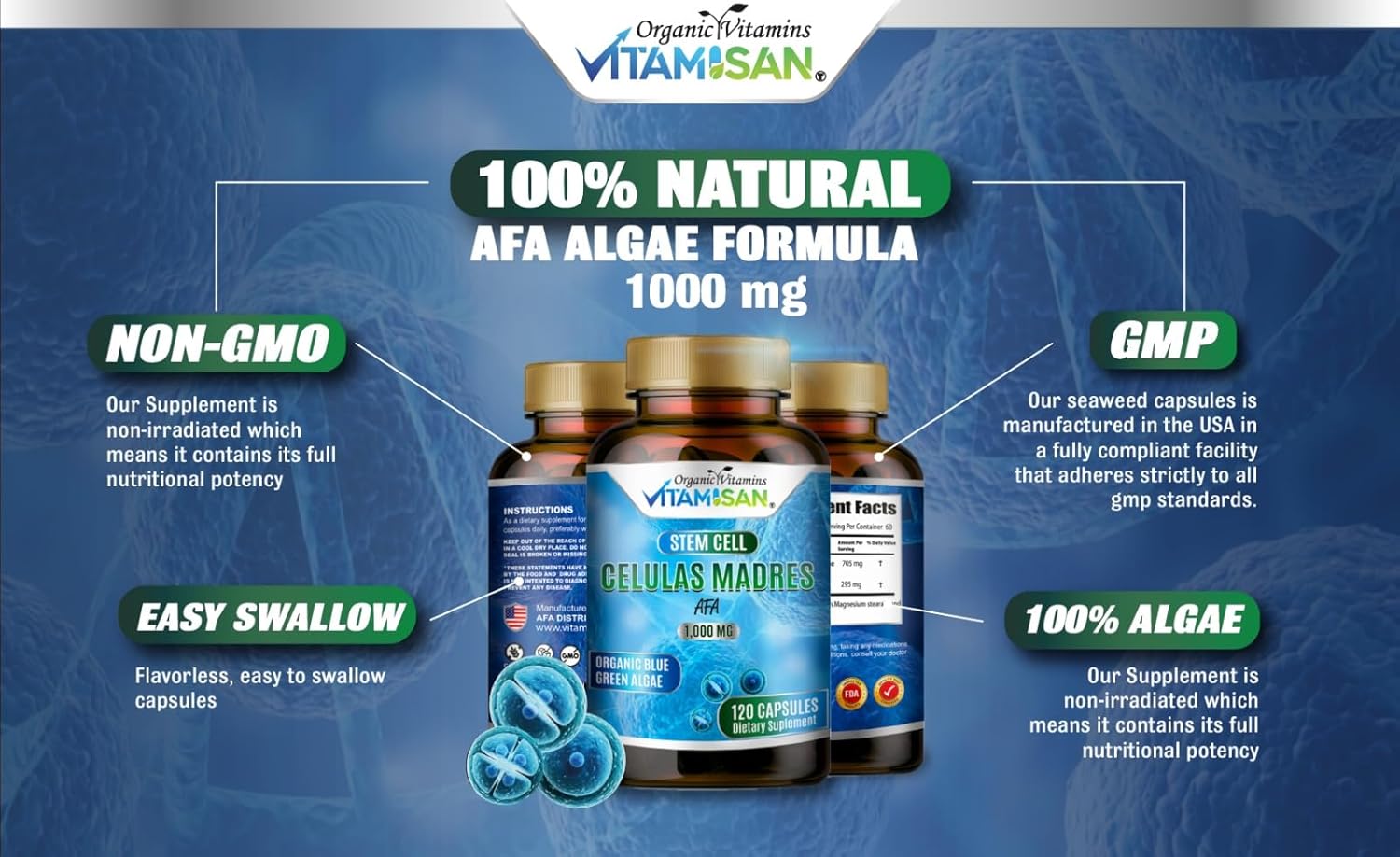 VITAMISAN Celulas madres 4 Bottles, 1000mg Stem Cell Plus, 480 Capsules Non-GMO, Gluten-Free
