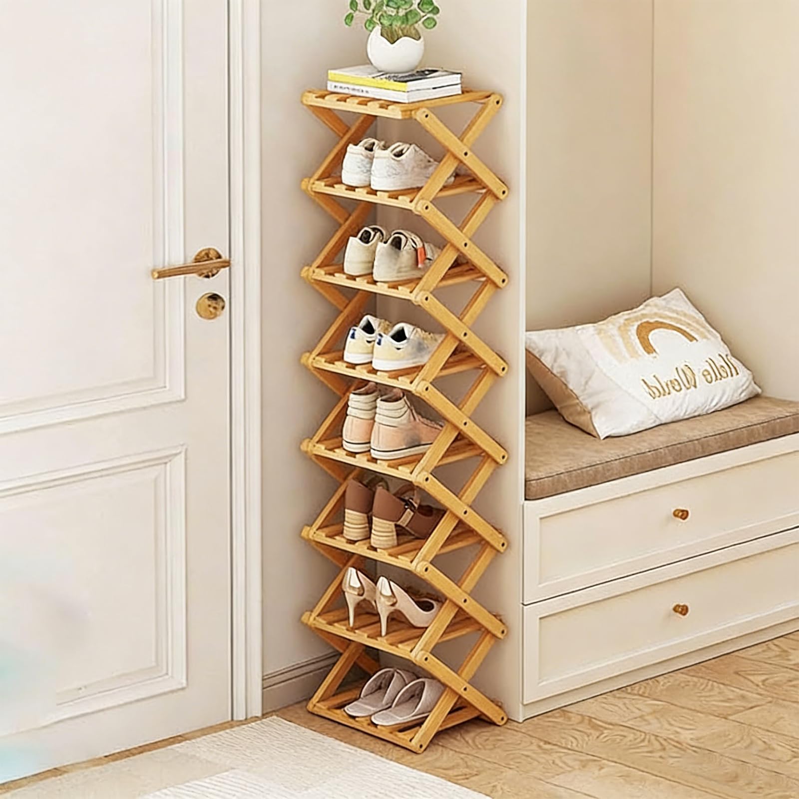 Meuble à chaussures pliable pour entrée YYW 8 niveaux en bois naturel pour placard