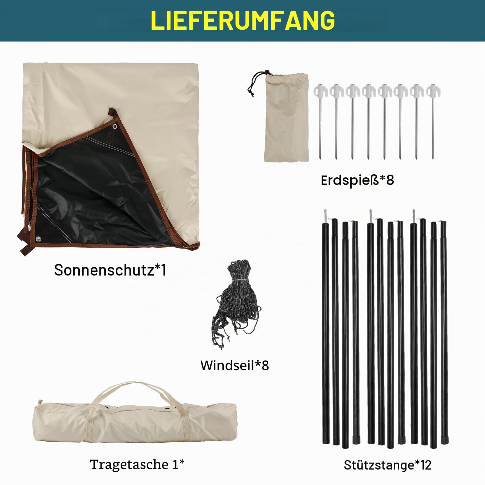 Sonnendach Markise für Wohnwagen Wohnmobil, 2,5m x 4m Auto Markise Vordach mit Abspannleinen, Stützstangen und Heringe, für 4,3/6,2/7 mm Markisenschiene