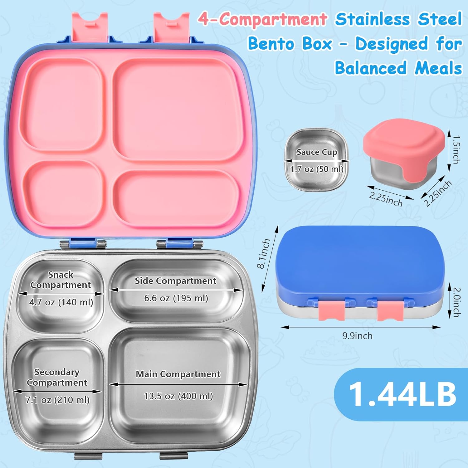 MISS BIG Stainless Steel Lunch Box for Kids 4 Compartments, Comes with Spoon, Fork and Sauce Container with Lid, Leak Proof Bento Box, BPA-Free, Drop-Resistant, for School, Office (Blue Pink Mix)