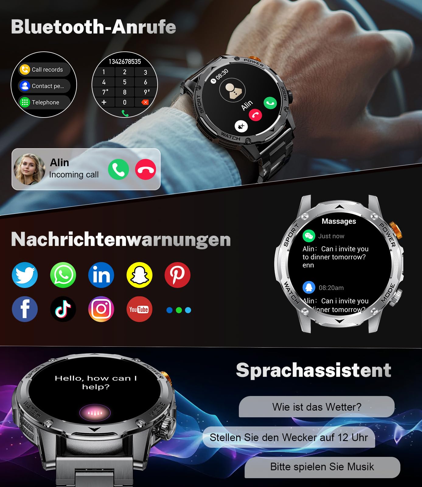 Smartwatch Herren Militär-1000mAh Akku/1.75'' HD Große Display,Smartwatch mit Taschenlampe/Bluetooth Anrufe/130+ Sportmodi,IP68 Wasserdicht Fitnessuhr mit Herzfrequenz/Schlafmonitor,für Android iOS