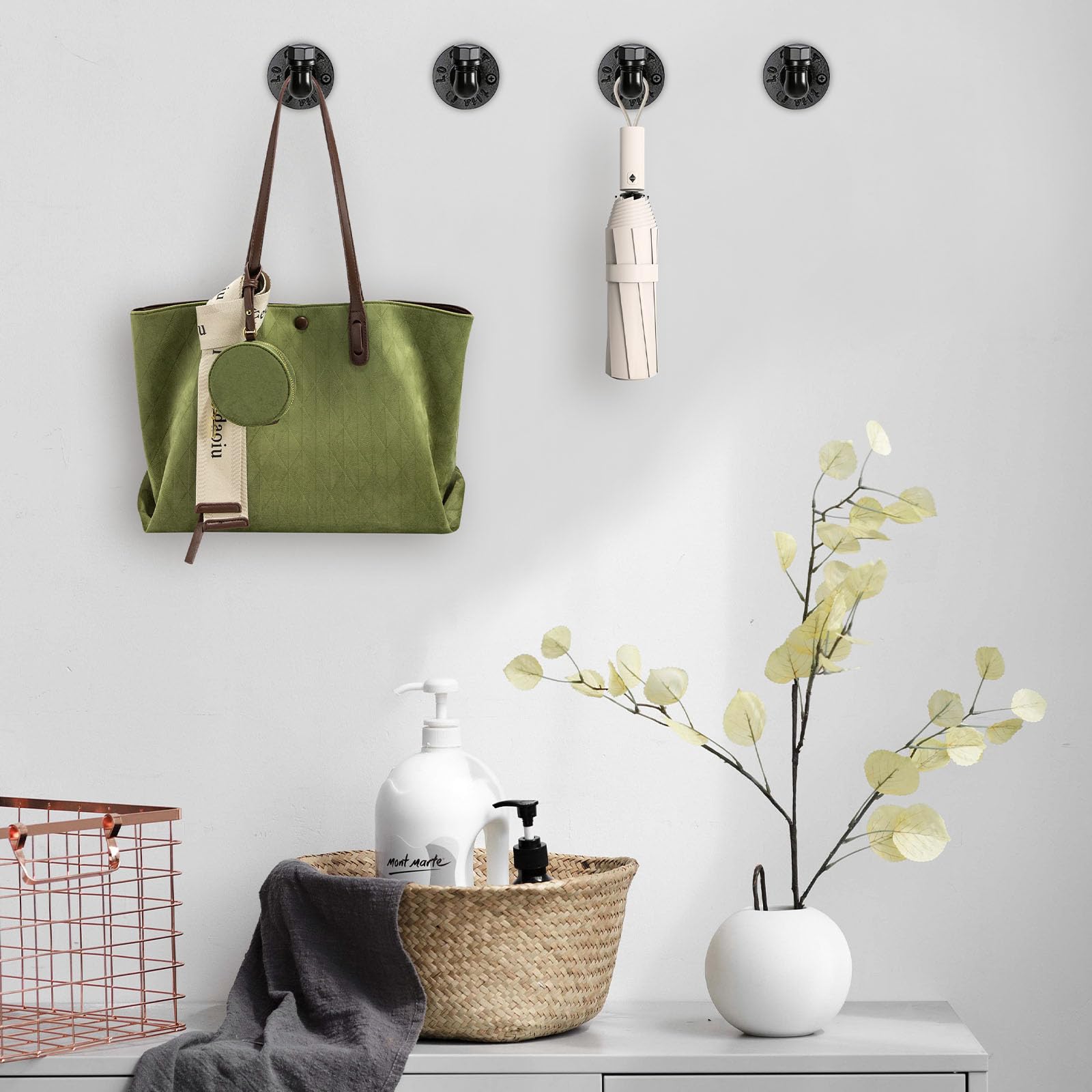 Pynsseu Industrielle Rohrhaken 6 Stück, Pynsseu Eisen Bademantel und Handtuchhaken, robuster DIY Wandmontage, rustikaler Kleiderbügel, Huthalter, mattschwarzer Haken