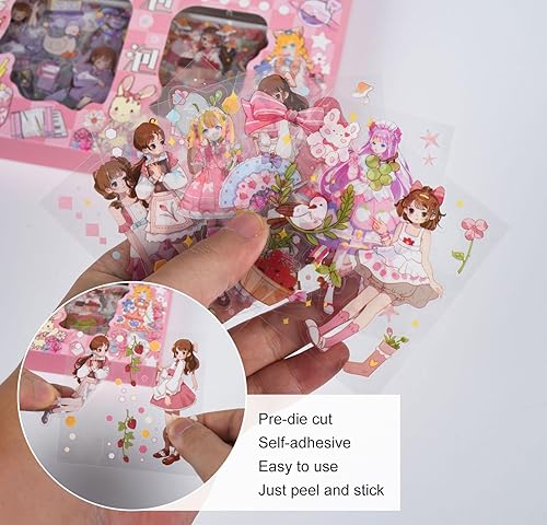 Miniatura 4 de EAMOTOL Kit de 100 hojas de calcomanías Kawaii para niñas, para diario, lindo y dulce caricatura, collage transparente, suministros para álbumes de