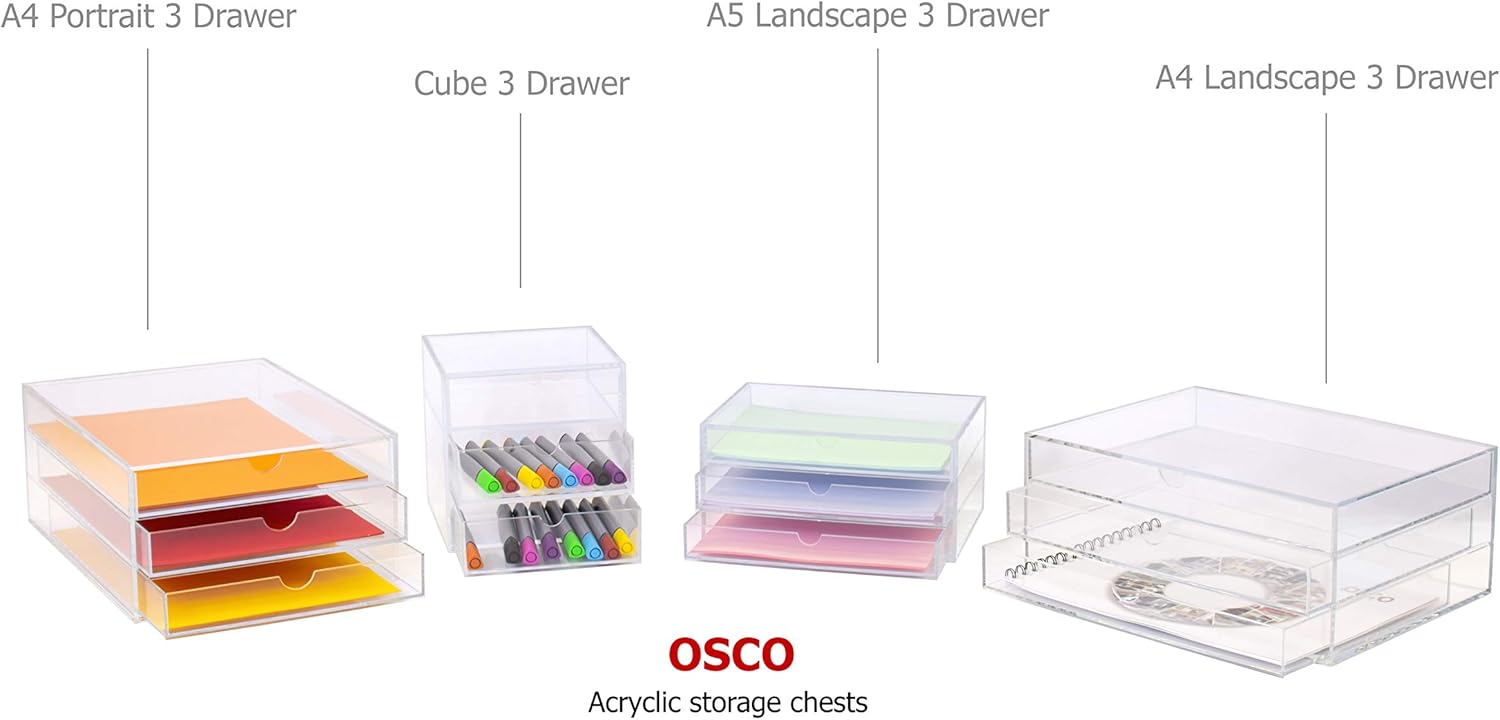 OSCO Medium Clear Acrylic 3 Drawer Chest | A5 | Pin storage | Jewellery | Paperclips | Crayons | Pens | Pencils | Small Stationery | H11 x W23 x D17 cm |
