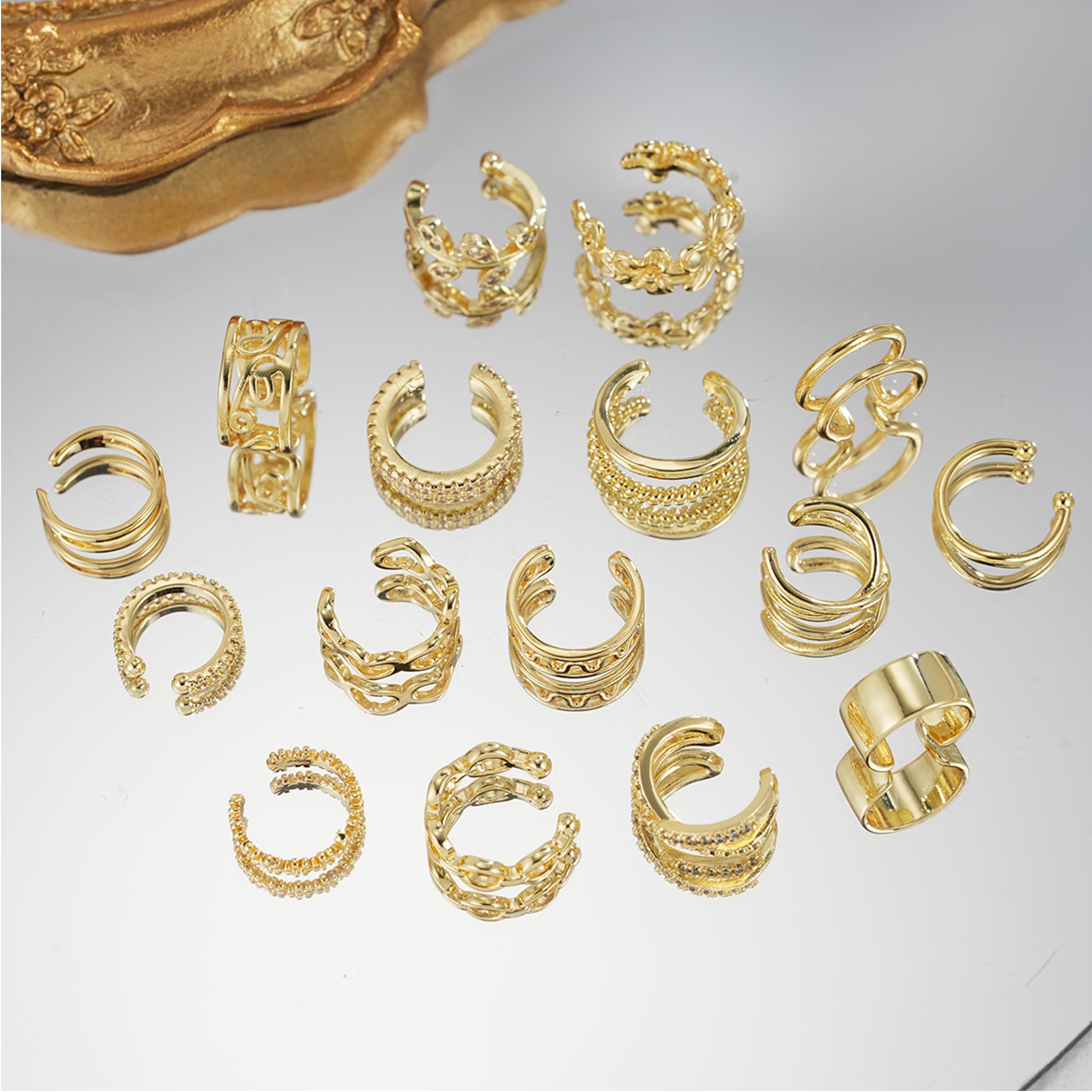 Jewdreamer 16Pcs Ear Cuffs for Women Non Piercing 14K Gold Silver Ear Cuffs Earrings Non Pierced Clips On Cartilage Earring Fake Earrings Lightweight