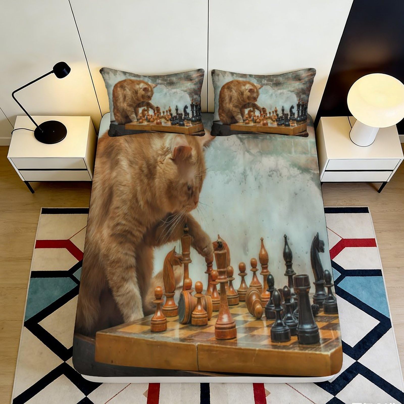 Rqzkjxnhpf Style-9 3D Printed Lion Chessboard Fitted Sheet Microfiber Elastic Hem Bedroom Bedding Lion Chess Mattress Fitted Cover Deep Pocket Non-Slip Washable 200X200x25cm 90X200x25cm
