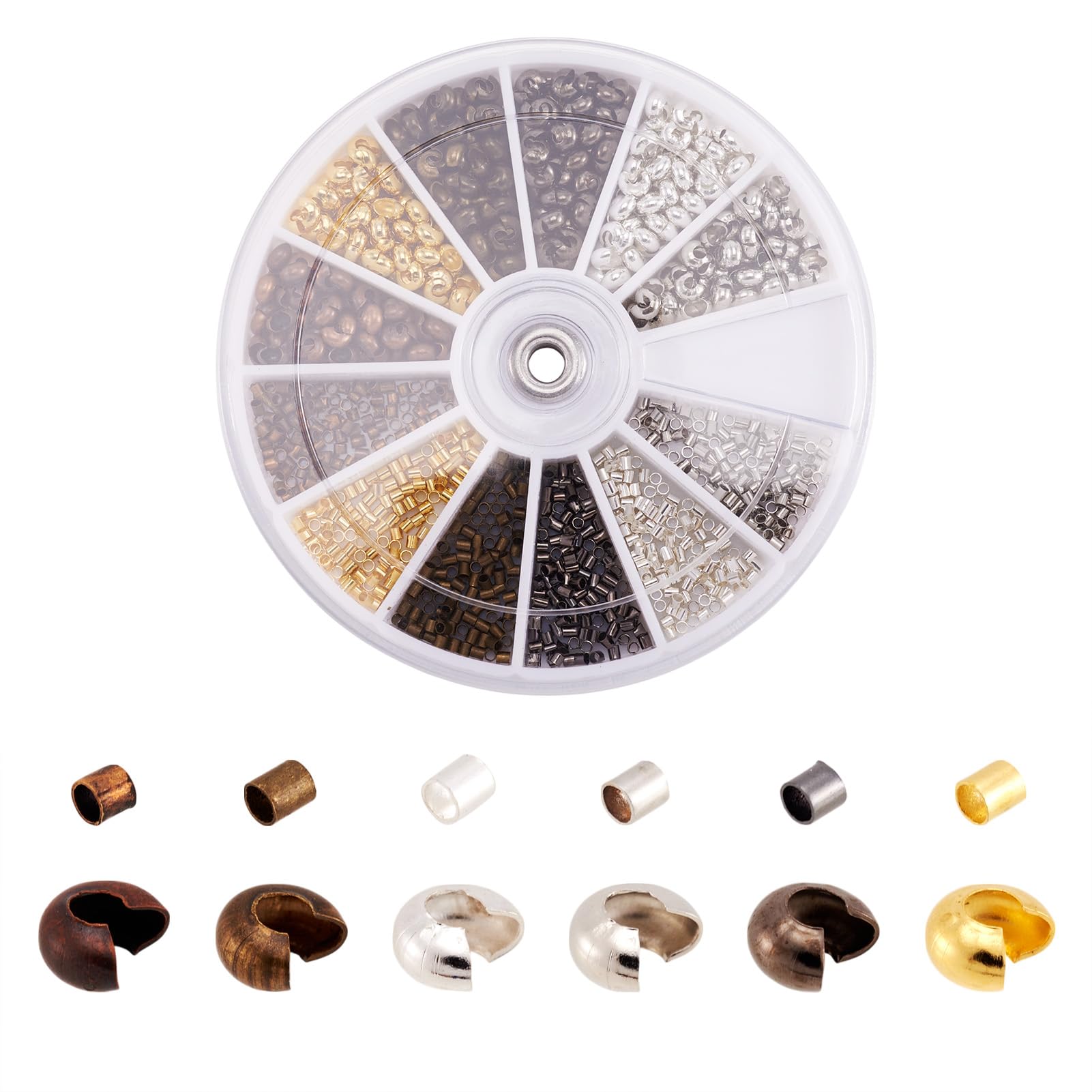 Craftdady 390Pcs 3.2x2.2mm Brass Tube Crimp Beads & 600Pcs 1.5x1.5mm Brass Crimp Knot Covers for Jewelry Making, 6 Colors, 1mm Hole