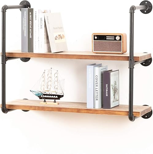 Miniatura 4 de Estantería industrial de tubería montada en la pared, estantes flotantes de metal rústico, estanterías de madera real Steampunk, estantes colgantes