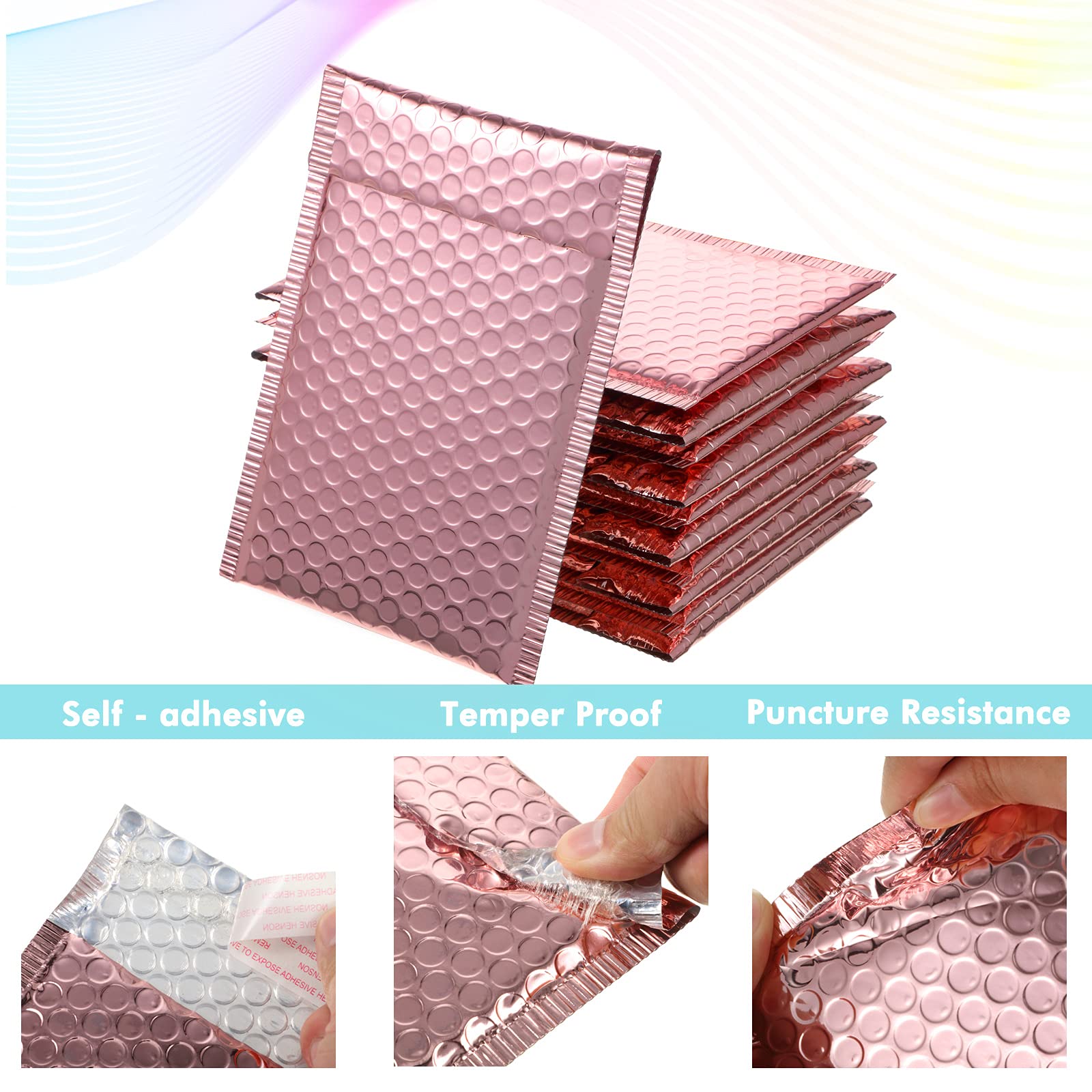 Lot de 50 enveloppes rembourrées métallisées à bulles pour envoi postal, rembourrées en aluminium, avec fermeture adhésive, sacs d'expédition pour emballage postal (style simple, or rose)