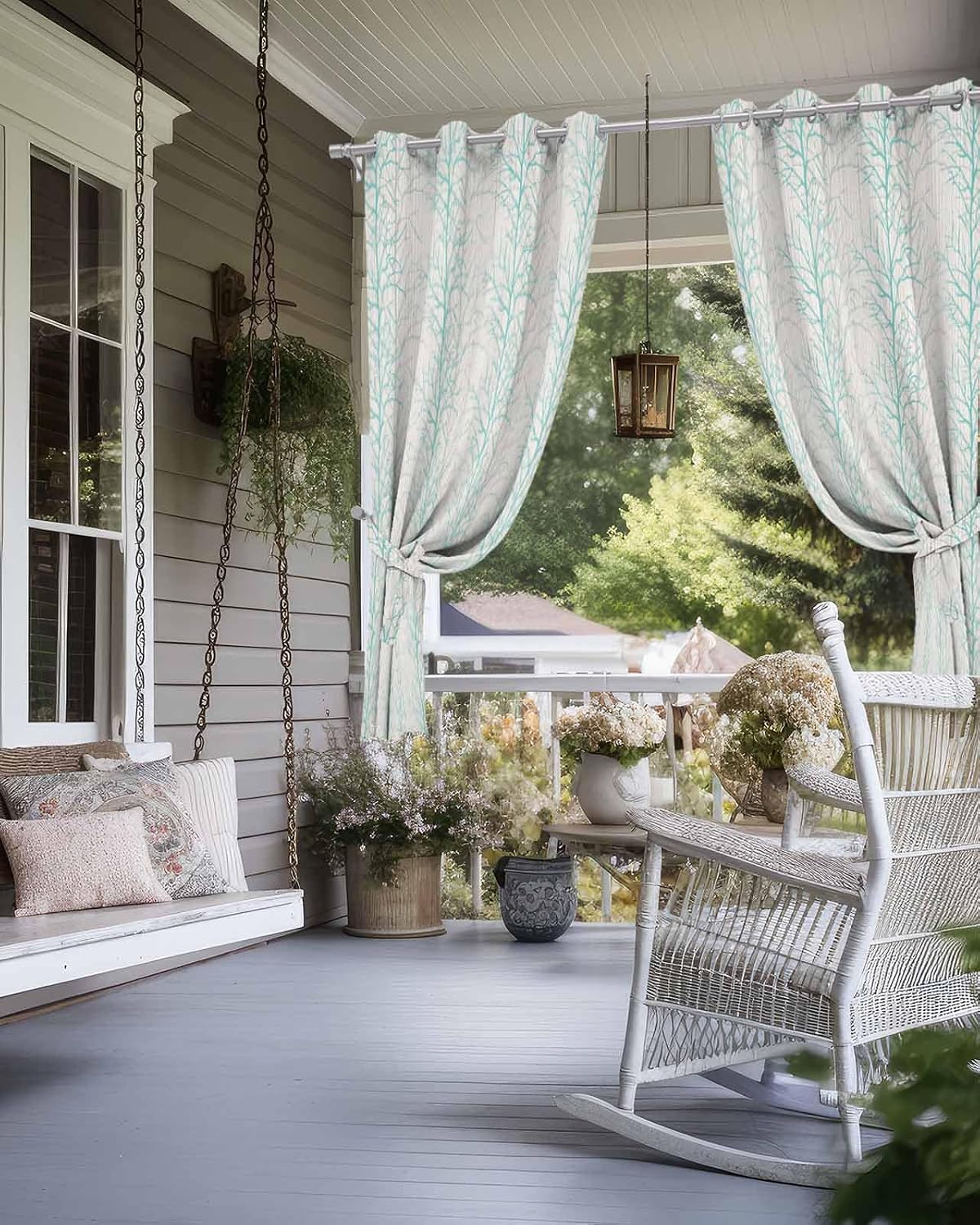 Double Love Turquoise Outdoor Curtains for Patio Waterproof Weatherproof, UV Sun Blocking Privacy Outside Drape for Gazebo, Front Porch Retro Forest Rustic Farmhouse Trees Branch 1 Panel 52"x95"