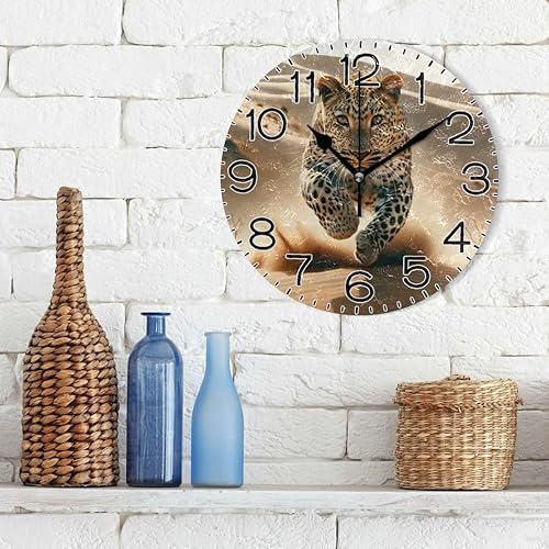 Miniatura 3 de Un leopardo en el desierto se precipita hacia la cámara, reloj de pared que funciona con pilas, sin tictac, cuarzo silencioso, analógico, rústico,