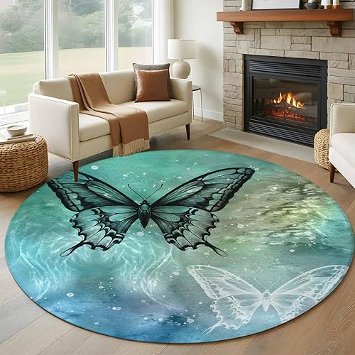Round Rugs 6ft, Turquoise Vintage Butterfly Non-Slip Area Rugs for Living Room Bedroom Entryway, Watercolor Retro Art Washable Carpet Runner Rug for
