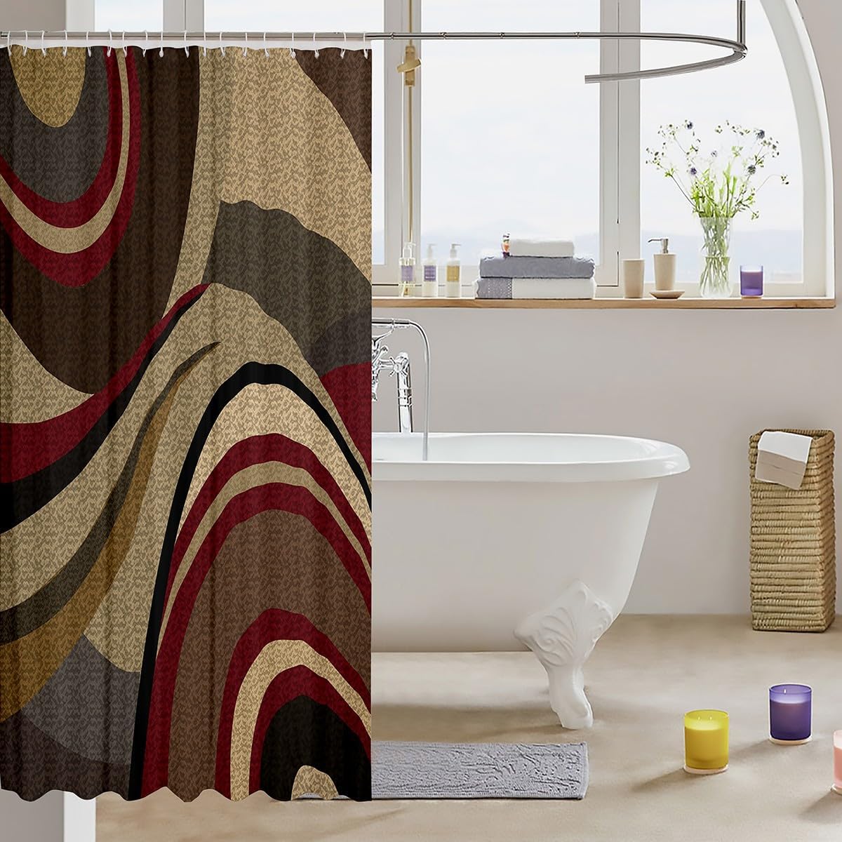 Feelyou Geometric Print Bathroom Fabric Shower Curtain Set Abstract Art Simple Style Shower Curtain for Red Yellow Brown Black Bath Curtain Stalls Bathtubs Decor Modern Design 72"x78"