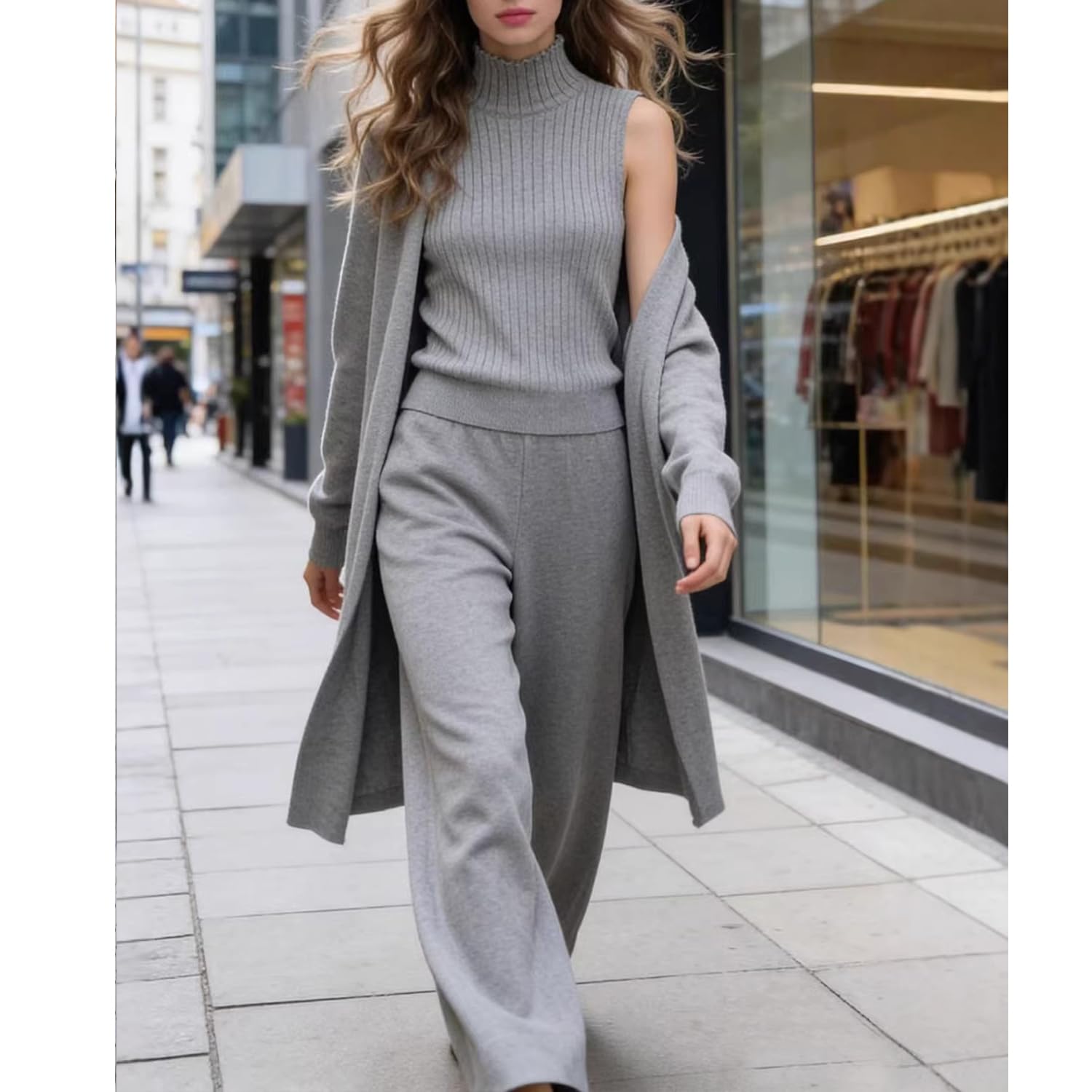 Dyalsa Set da 3 pezzi da donna in maglia, cardigan a maniche lunghe senza maniche, canotta a collo alto e pantaloni a gamba larga