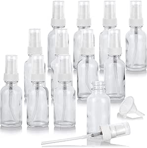 JUVITUS 1 oz / 30 ml Clear Glass Boston Round Bottle with White Treatment Pump (12 Pack) + Funnel