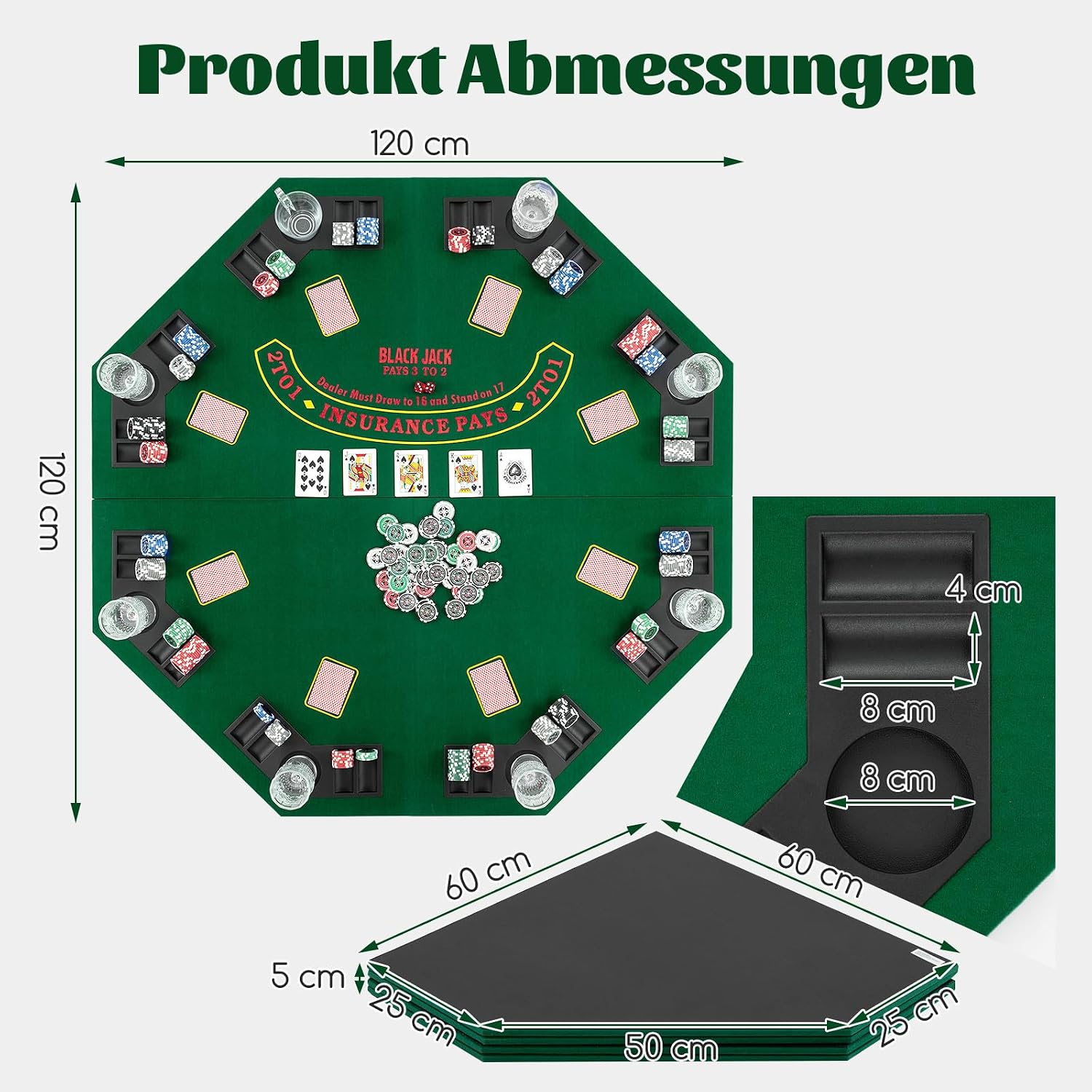 COSTWAY Texas Holdem mata do pokera, 120 x 120 cm, składana, dla 8 graczy, z uchwytami na napoje, dywan do pokera z torbą do przenoszenia, ośmiokątna, zielona