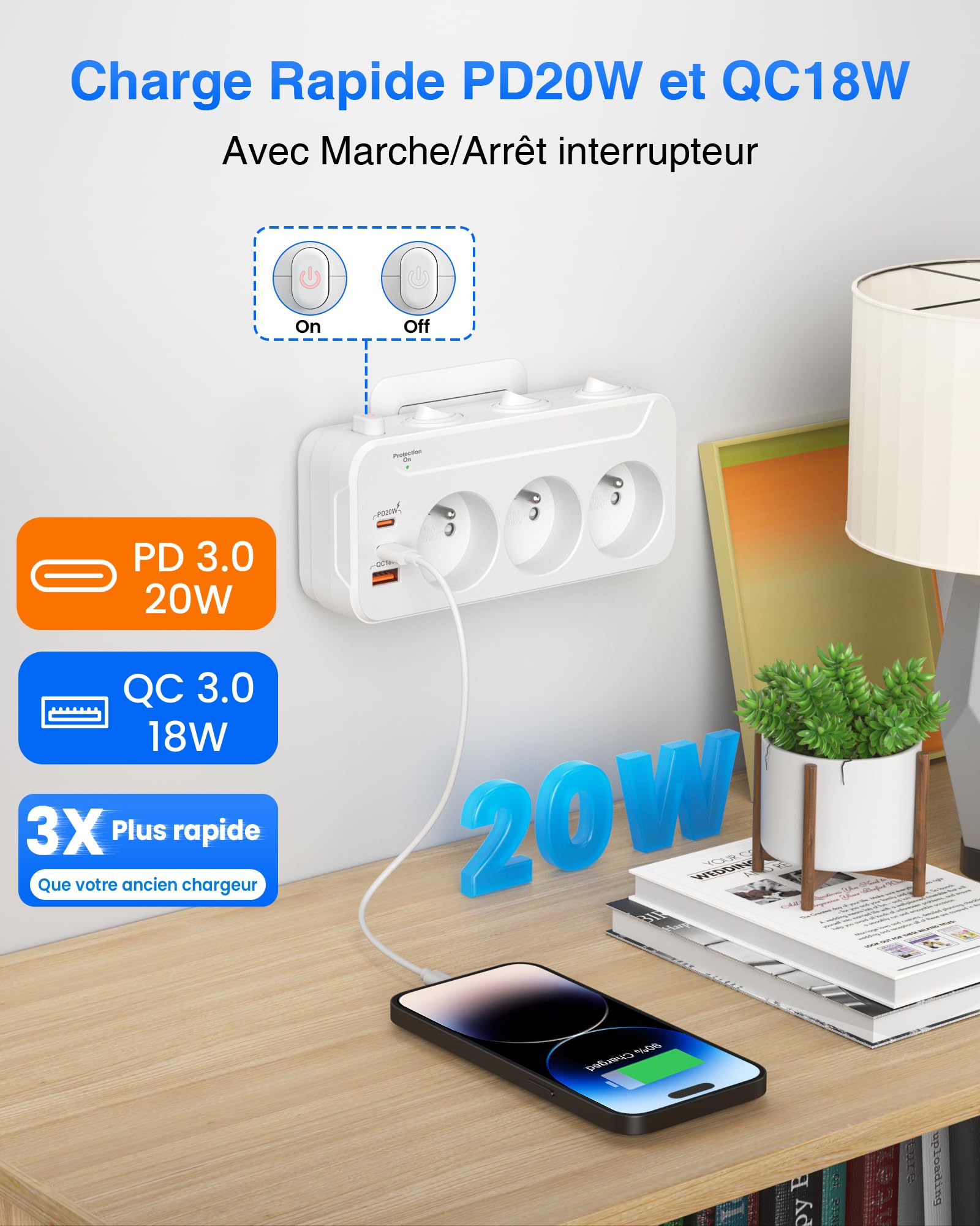 Listwa Zasilająca 3 Gniazdo, PD20W Wielokrotne Gniazdo z Wyłącznikami,Listwa Zasilająca Przeciwprzepięciowa 3 Gniazda Elektryczne,Rozdzielacz Elektryczny Adapter do Gniazdka z Type-c,Biały