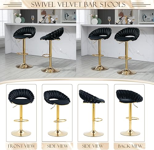 Miniatura 7 de Juego de 2 taburetes de bar giratorios de terciopelo, sillas de bar modernas ajustables con respaldo tejido hueco, taburete de bar dorado de lujo,