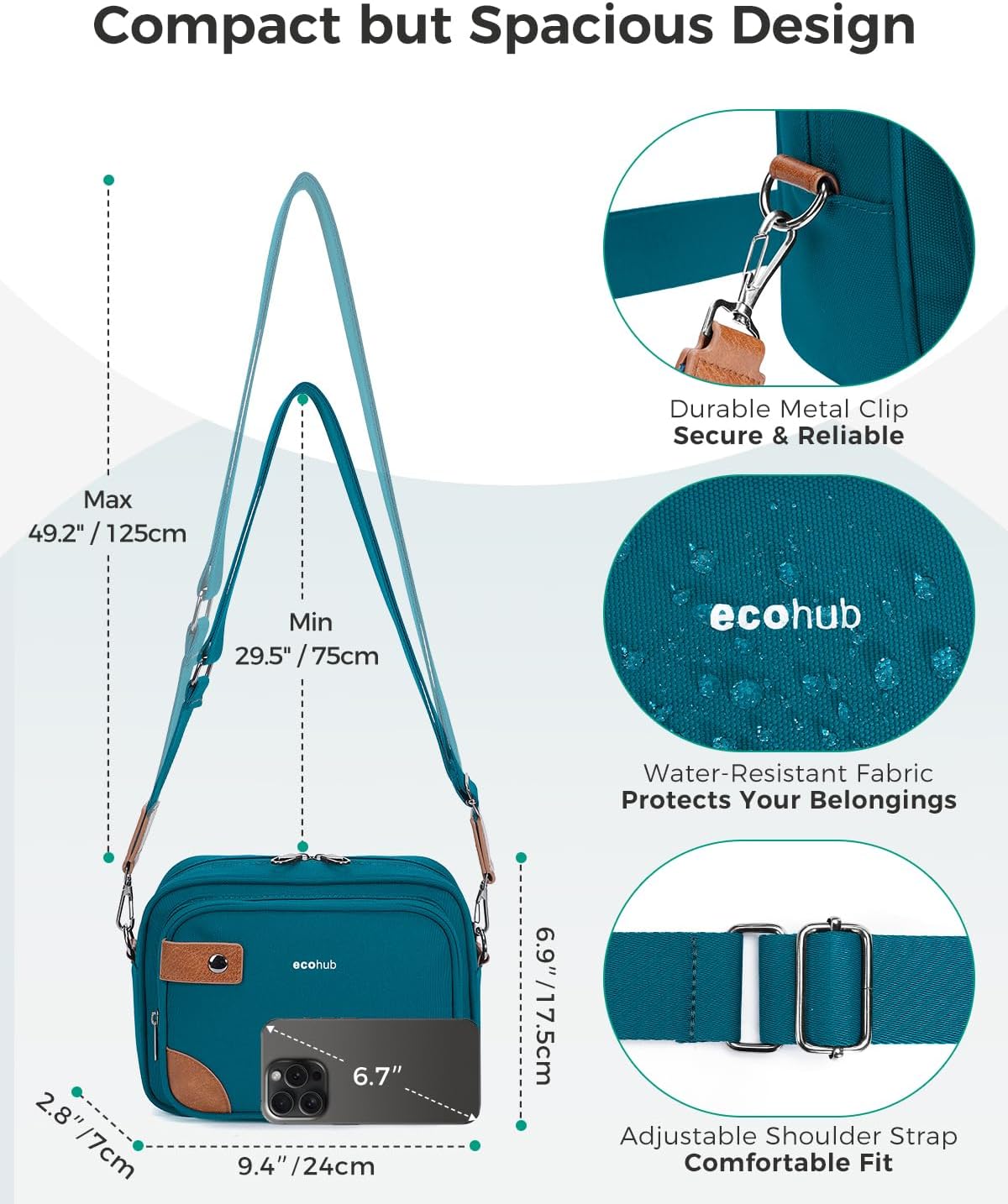 ECOHUB Crossbody Bag for Women Men, Multi Pocket Anti-Theft Travel Purse with RFID Blocking, Oxford PU Shoulder Bag
