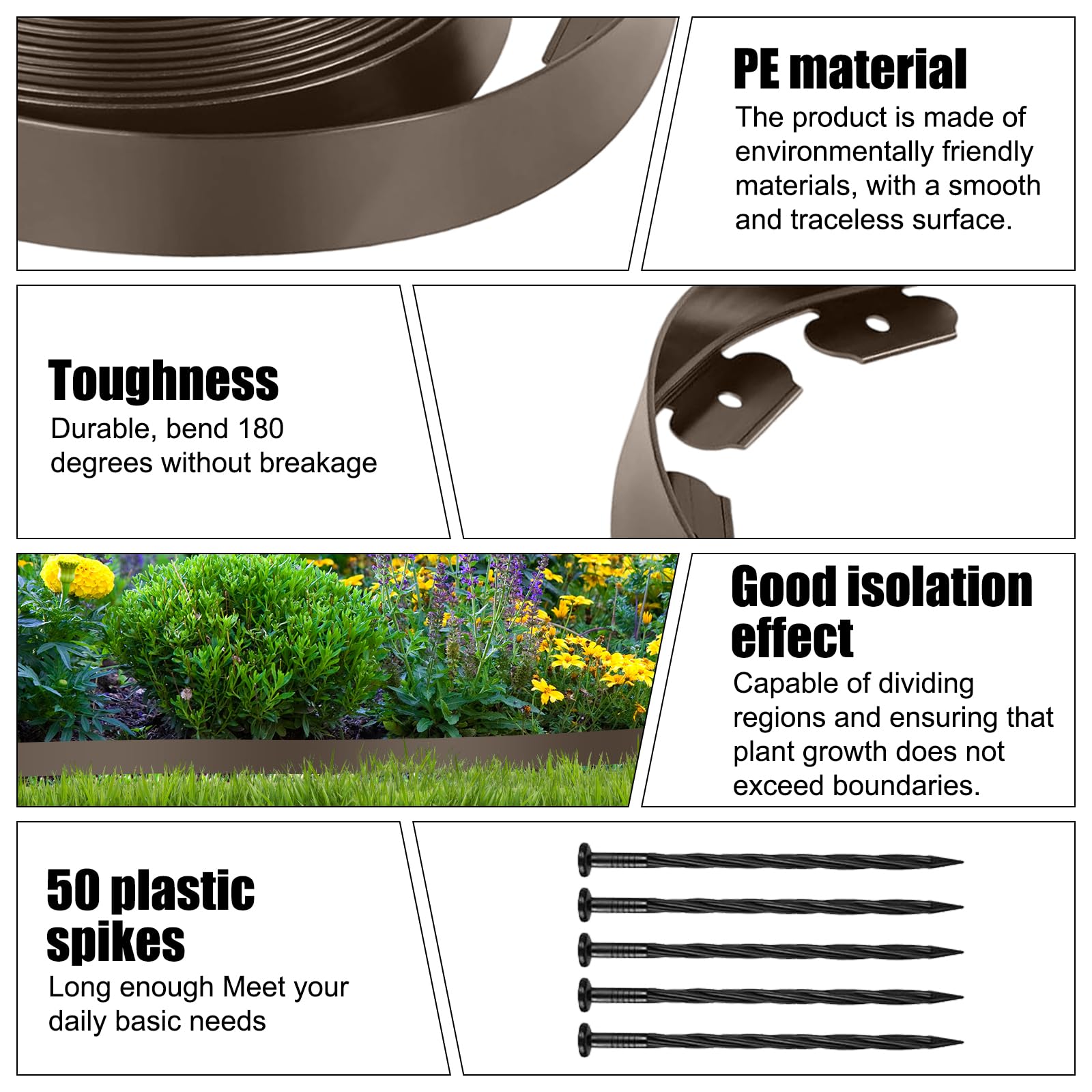 Bordes para Césped Flexible 10M x 5cm, Plástico Valla de Jardín con 50 Clavijas, Borde Delimitación para Césped para Jardine, Parterre, Camino de Patio, Marrón