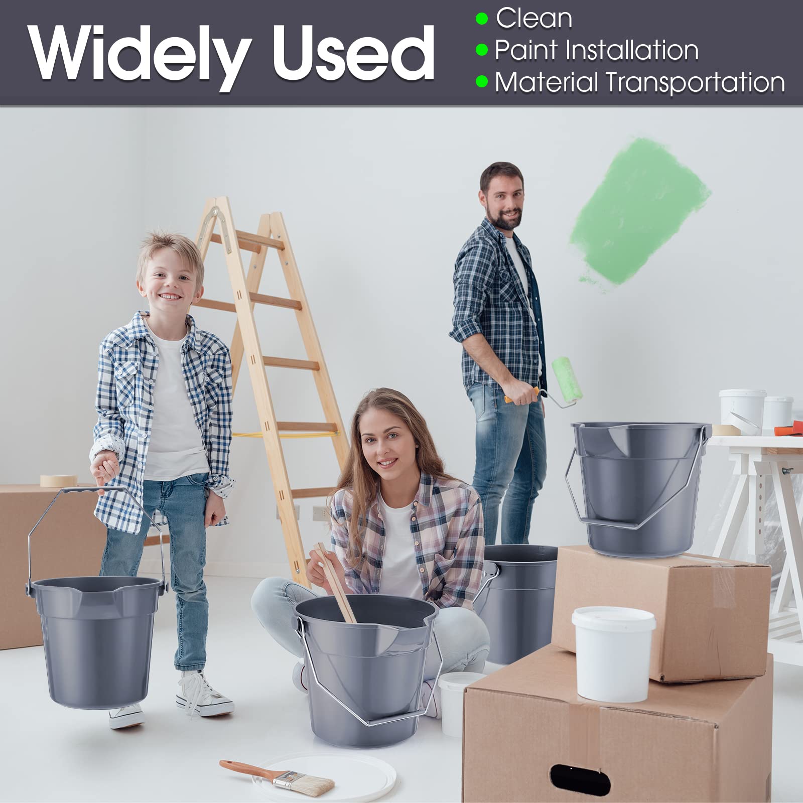 Didaey 6 secchi per la pulizia in plastica resistente, con manico e beccuccio, contenitore industriale (grigio)