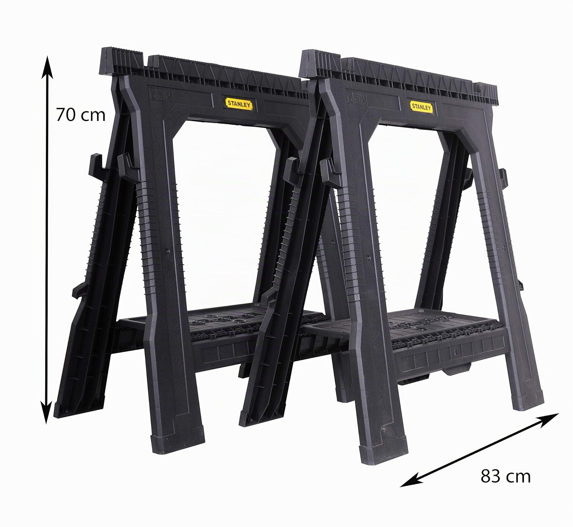 STANLEY Pack de 2 caballetes plegables, soporta 454 kg por pareja, ligeros y portátiles, ranura en V integrada, bandeja para herramientas, dimensiones 69.3x10.5x81.5 cm, STST1-70713